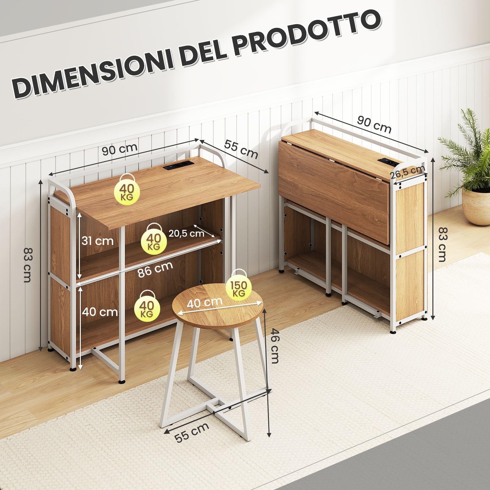 COSTWAY Scrivania Pieghevole con Sgabello, Scrivania Portatile con Scaffale e Stazione di Ricarica, Tavolo da Scrittura con Sedia per Studio e Ufficio (Naturale)