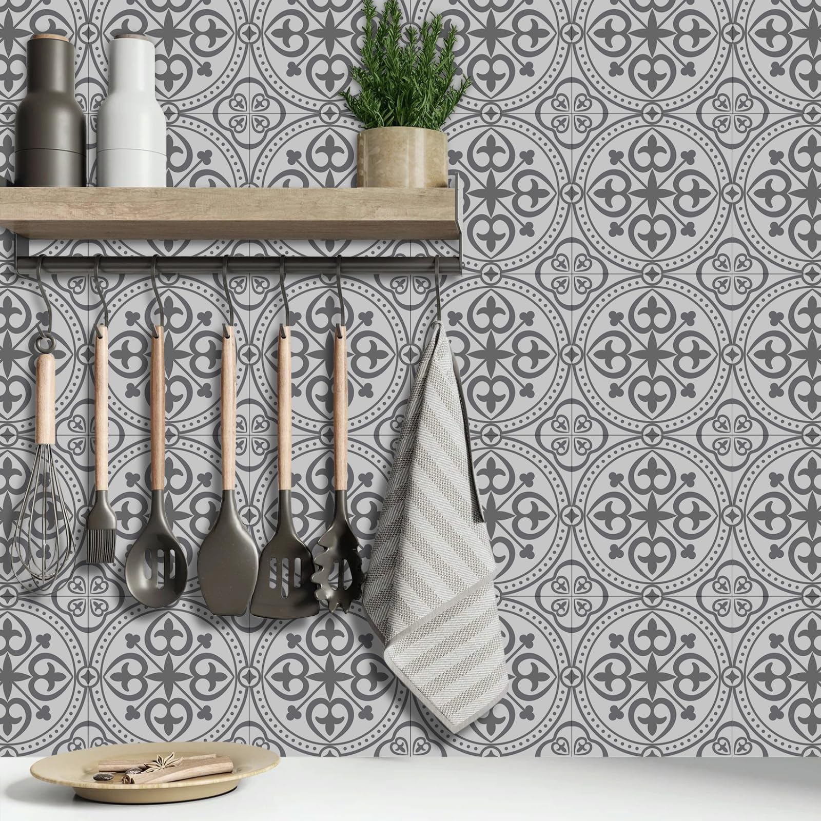 LMYSXAOZ Tile Stickers 15x15 cm Moroccan Grey Stick on Tiles Kitchen Bathroom Peel and Waterproof PVC for Stairs Cabinets Fireplaces Decoration Self Adhesive Wall 36 Pcs