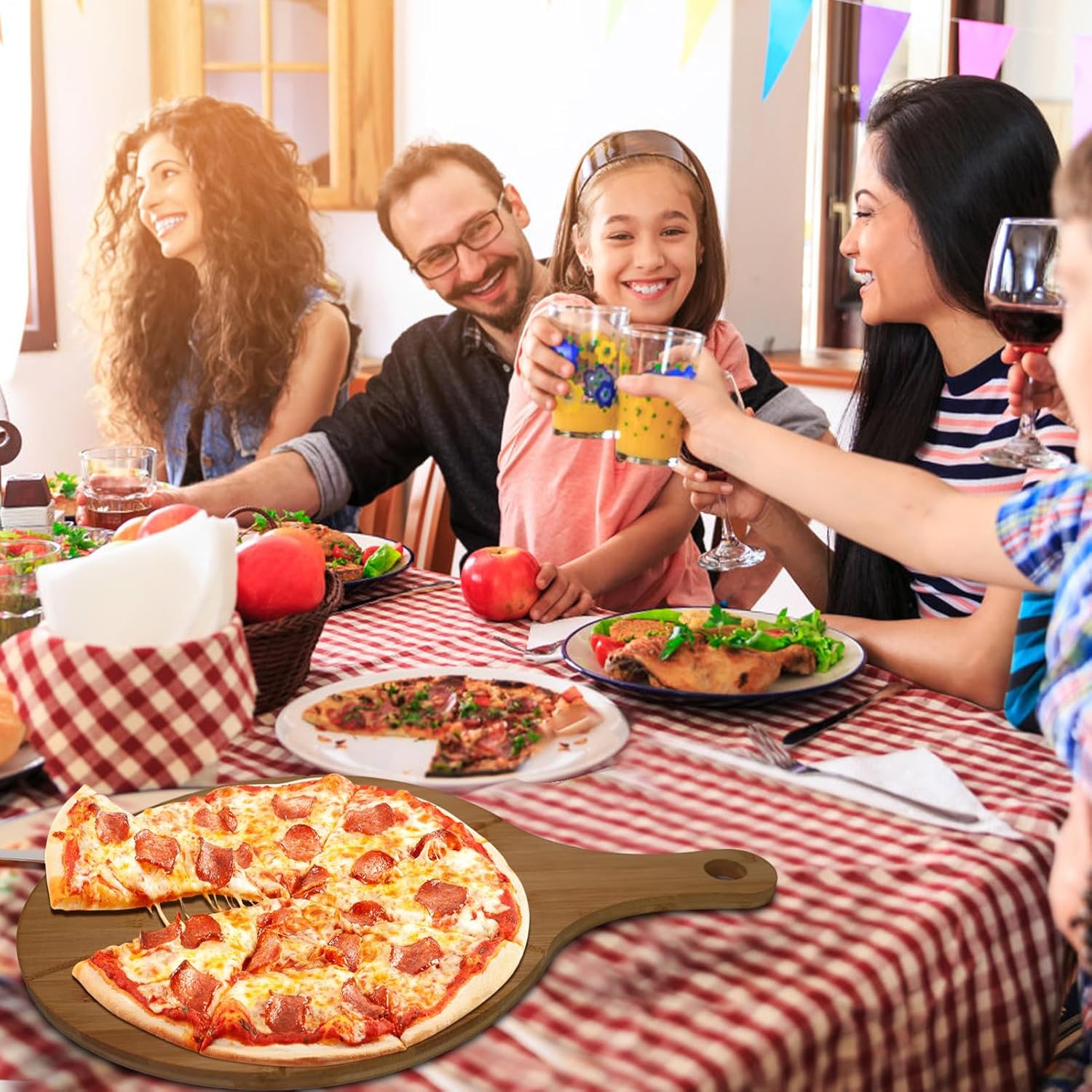 Pizza Boards with Handle | Wooden Round Kitchen Gadget | Pizza Paddle with Cutting Guide | for Transferring Serving Cheese Bread Fruit Kitchen Gadget Men Women Home