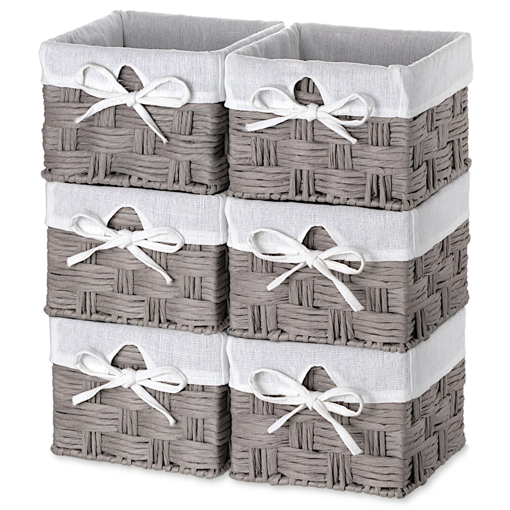 EZOWARESet of 6 Woven Paper Rope Wicker Storage Baskets Organizer Container Bins with Liner for Organizing Kids Baby Closets, Room Decor, Toy, Towel, Gift Basket Empty - 14X14X10cm / Gray