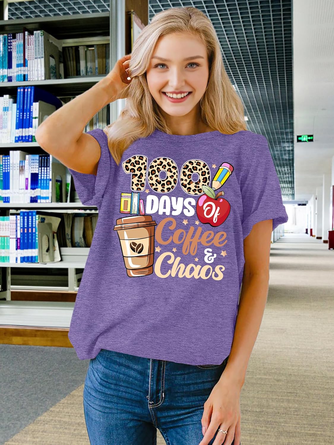 100 Days of Coffee Chaos Shirts for Women Happy 100 Days of School T-Shirt Teach Print Graphic Shirt Teacher Gifts Tops - Image 4