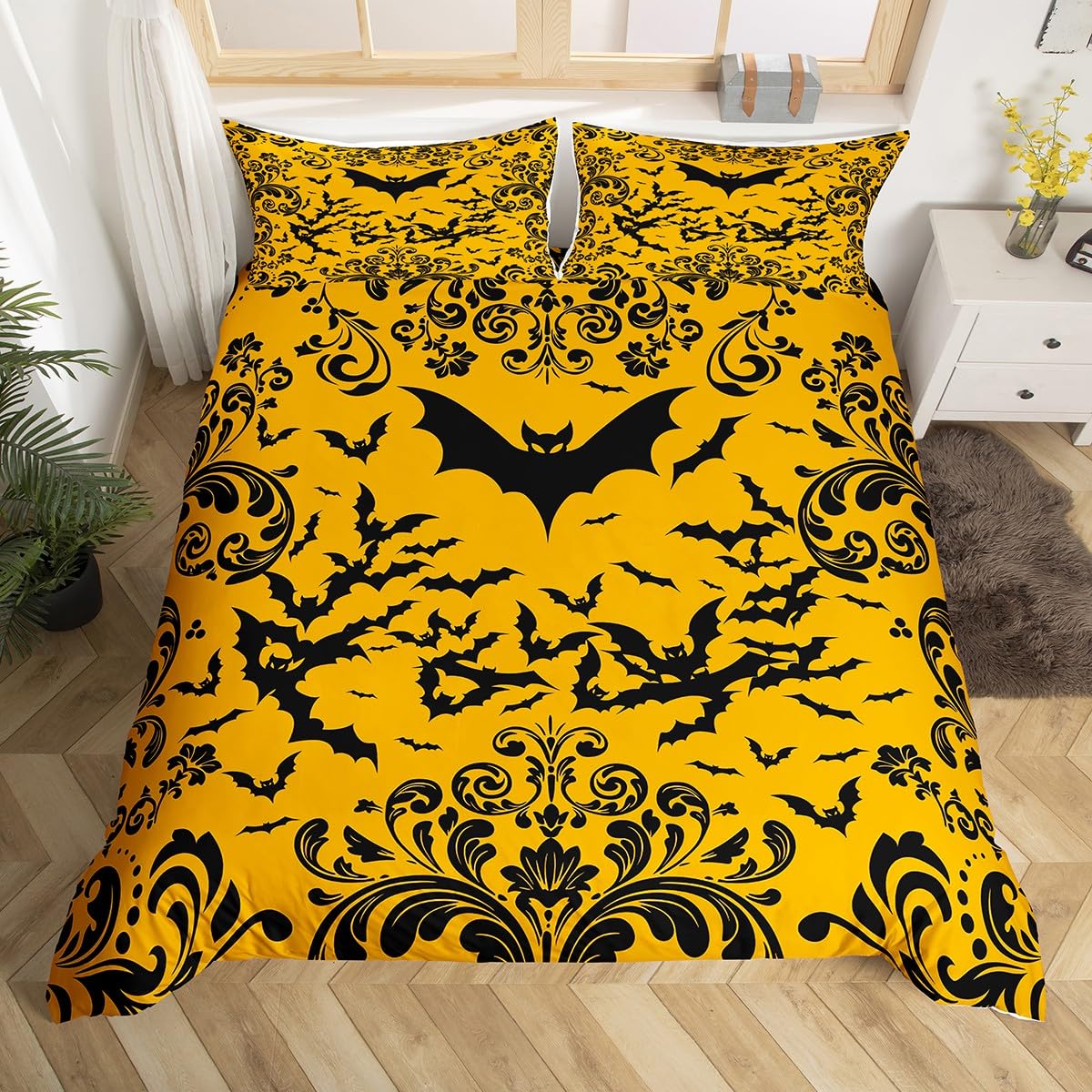Black Bat Duvet Cover Super King Halloween Goth Bedding Set Damask Floral Gothic Comforter Cover for Kids Adults Room Decor Halloween Flower Animal Quilt Cover Yellow 2 Pillow Cases
