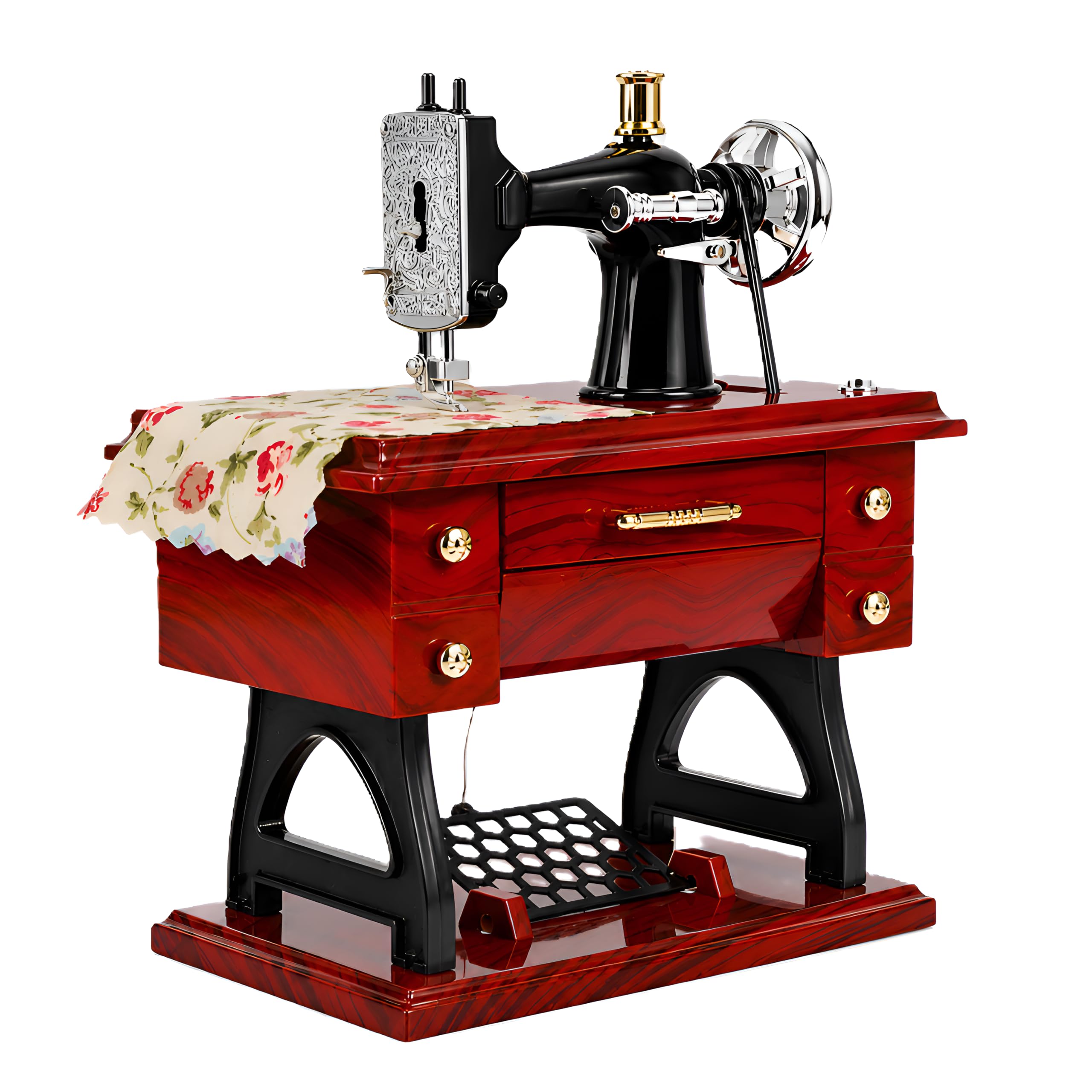Vriksham Vintage Sewing Machine Music Box Showpiece | Wind-Up Retro Musical Decor | No Battery Needed | Rotating Pedals, Drawer | Gift for Birthday, Christmas, Valentine | Home Tabletop Decoration-image-12