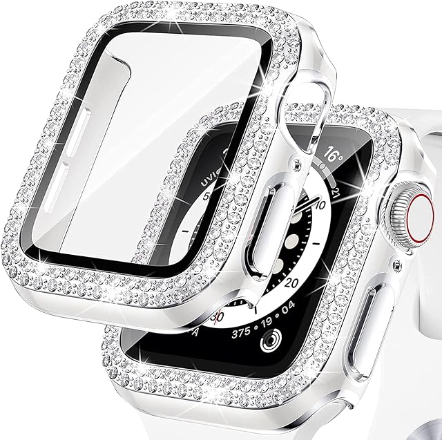 Kamita Diamond Case for Apple Watch 40mm SE Series 6/5/4, Overall PC Cover with Tempered Glass Screen, Bling Screen Protector Compatible with iWatch (white-silver, 40mm)