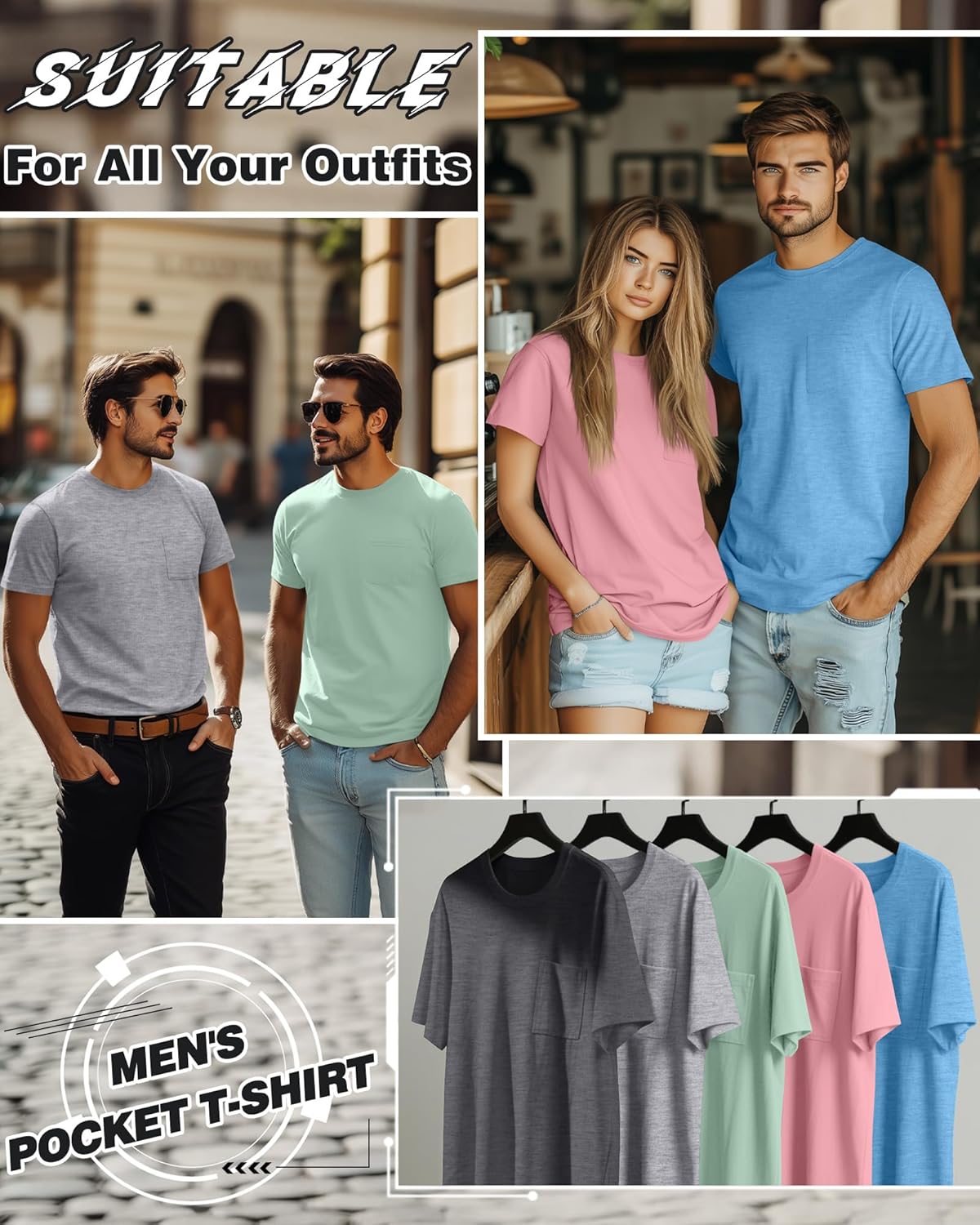 Neer 5 Pack Men's Big and Tall Pocket T-Shirt Crew Neck Short Sleeve Shirt Slim Fit Lightweight Top Casual Basic Tee