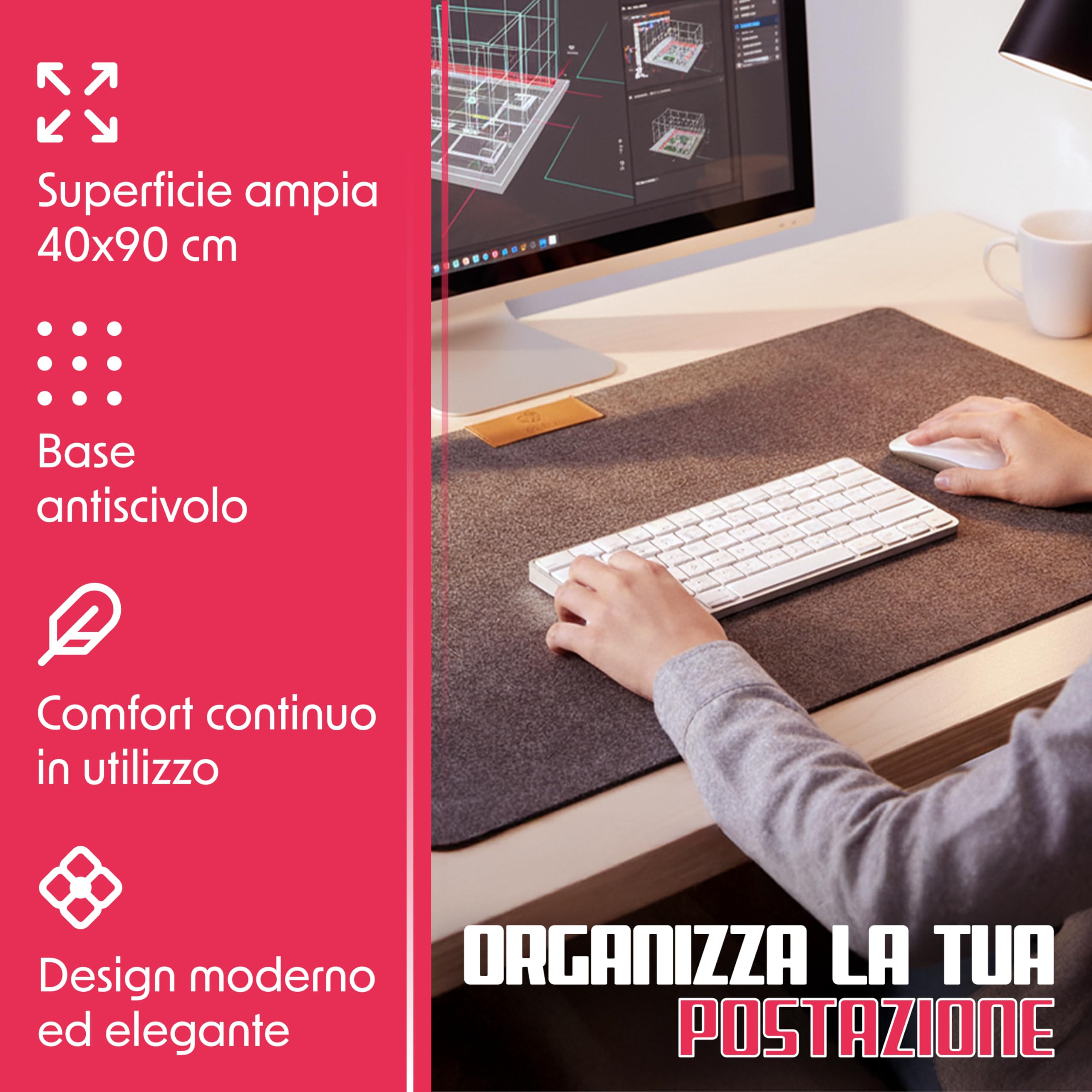 Tappetino Scrivania Extra Large in Feltro 90x40, Mouse Pad Gaming Antiscivolo per Tastiera e Mouse