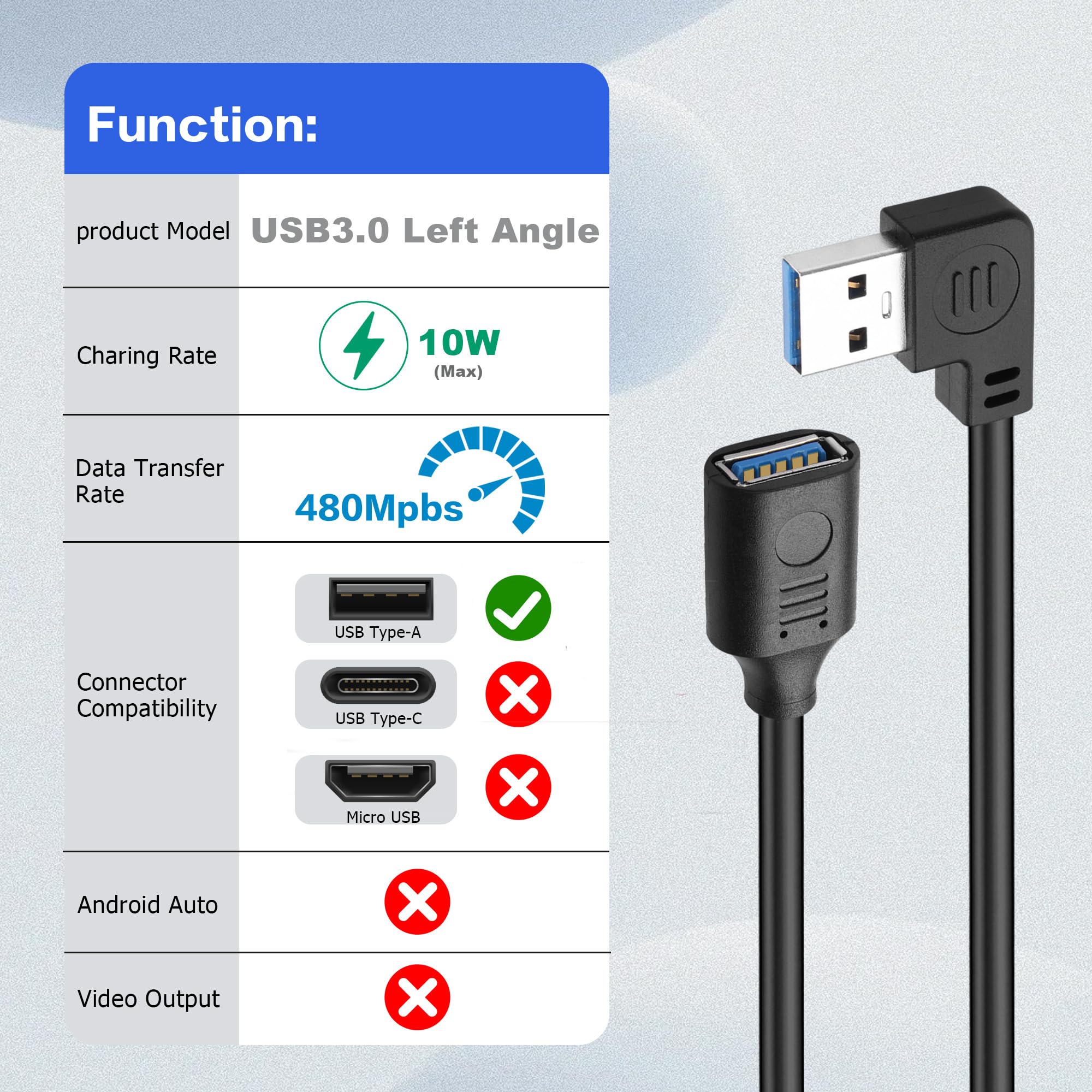 JSADZKJ Câble D'extension USB 3.0 à 90 Degrés USB Type A Mâle Vers Femelle Avec Interrupteur Marche/arrêt Câble D'alimentation USB 3.0 à Angle Gauche