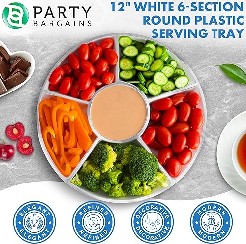 Miniatura 3 de PARTY BARGAINS Bandeja redonda de plástico de 6 secciones, 12 pulgadas, color blanco con borde plateado, paquete de 1, platos reutilizables para