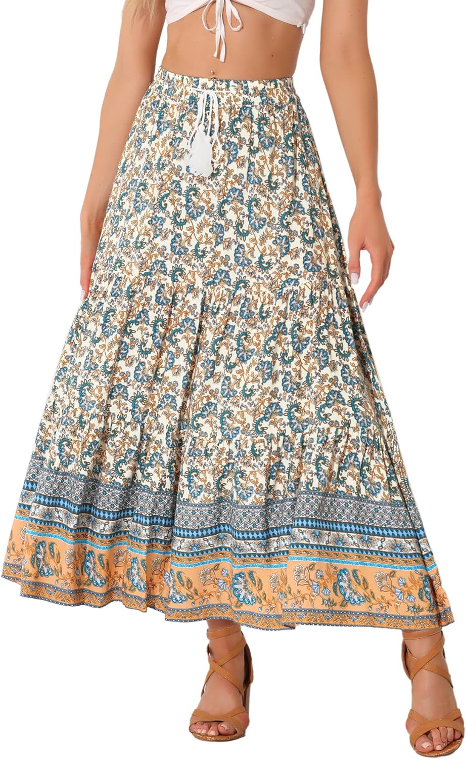 Allegra K Boho Skirt for Women's Casual Peasant Floral Bohemian Tassels Elastic Waist Maxi Skirts