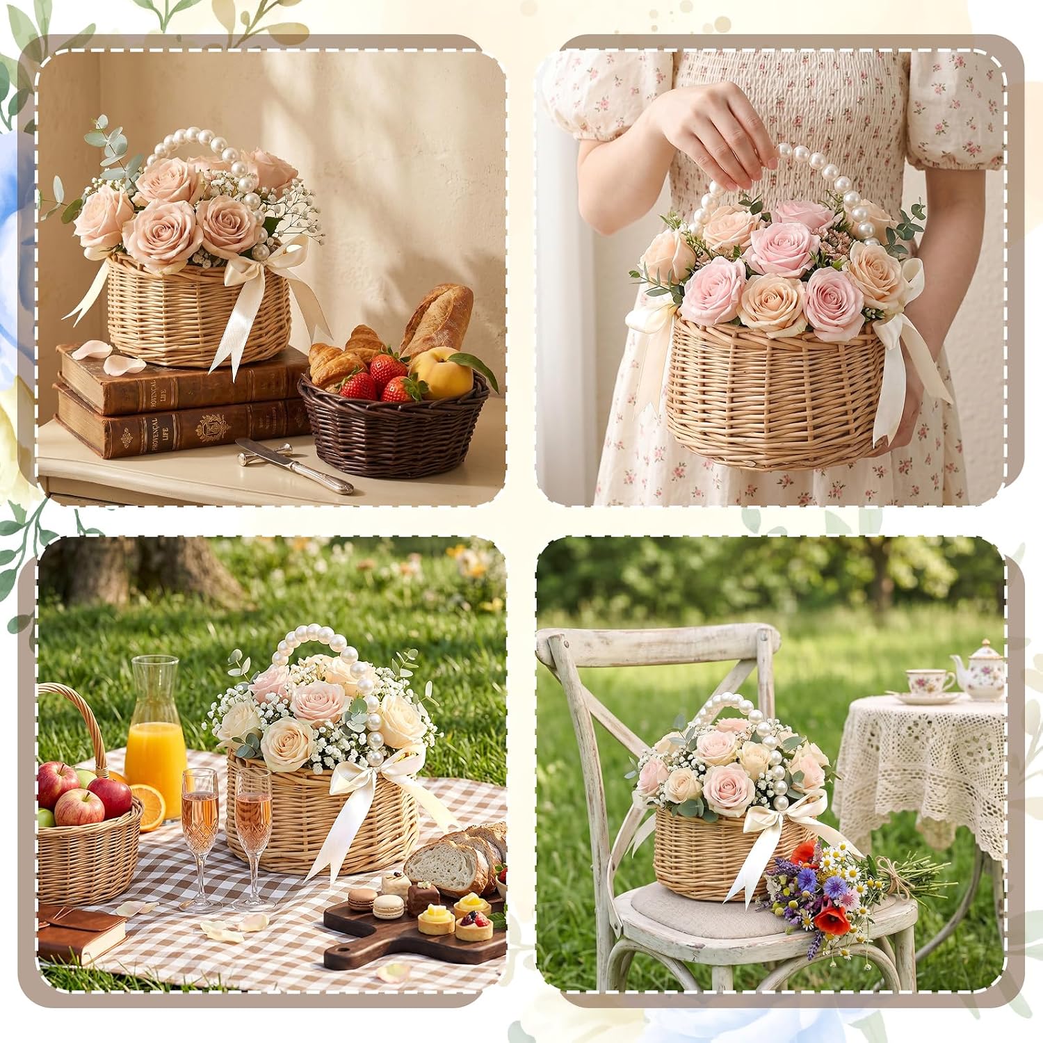 Wedding Flower Basket, Wicker Rattan Flower Girl Basket with Handle, Bow Pearl Handle Small Flowers Baskets for Wedding Party Home Garden Decoration Outdoor Picnic