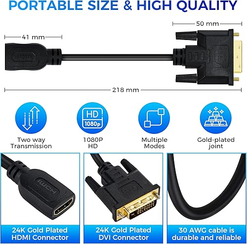 Miniatura 2 de Togconn Adaptador HDMI hembra a DVI macho (paquete de 2), conector DVI bidireccional macho a HDMI hembra, compatible con 1080P Full HD compatible