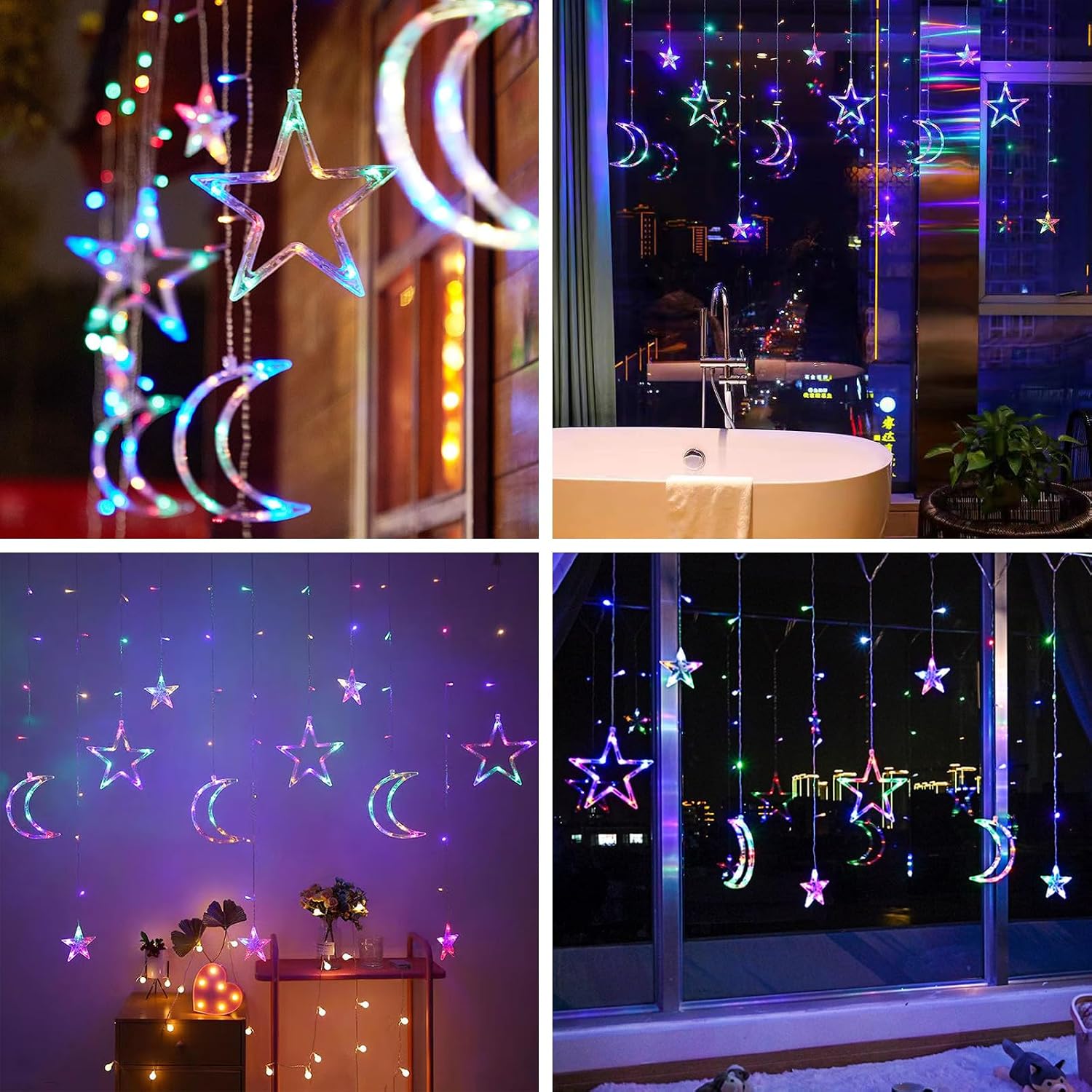 Lemical Star Moon Curtain Lights 11.5ft Battery Powered Remote Control LED Fairy Light Strings,8 Flashing Modes Waterproof Decorative Lights for Christmas, Party, Bedroom Decorations(Multicolored)