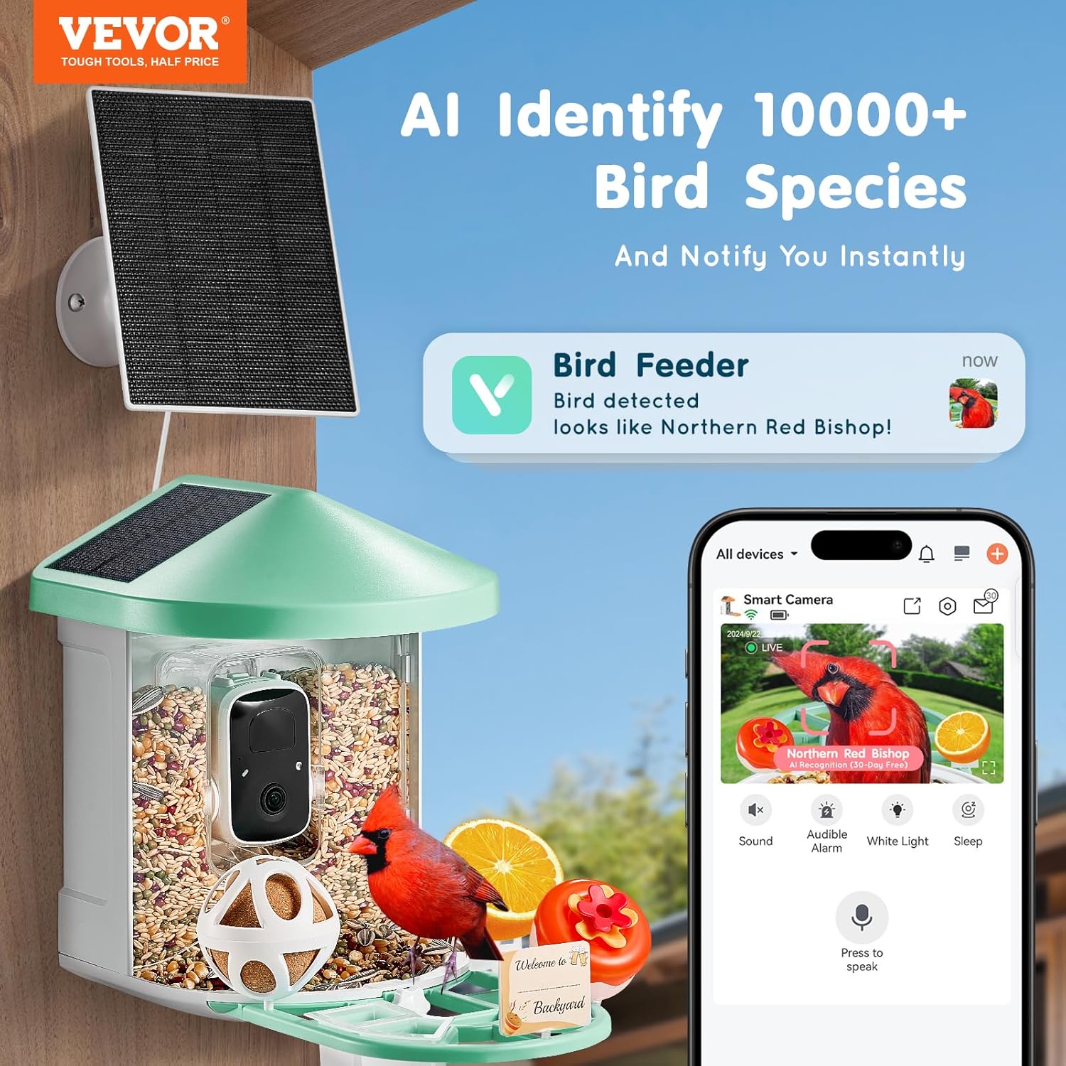 VEVOR Smart Bird Feeder Camera with 3 Solar Panels, Solar Powered Wireless Camera Bird Feeder with Live Video, AI Identify, Auto Detect & Instant Notify, and 2K Full HD, Ideal Gift for Bird Lover