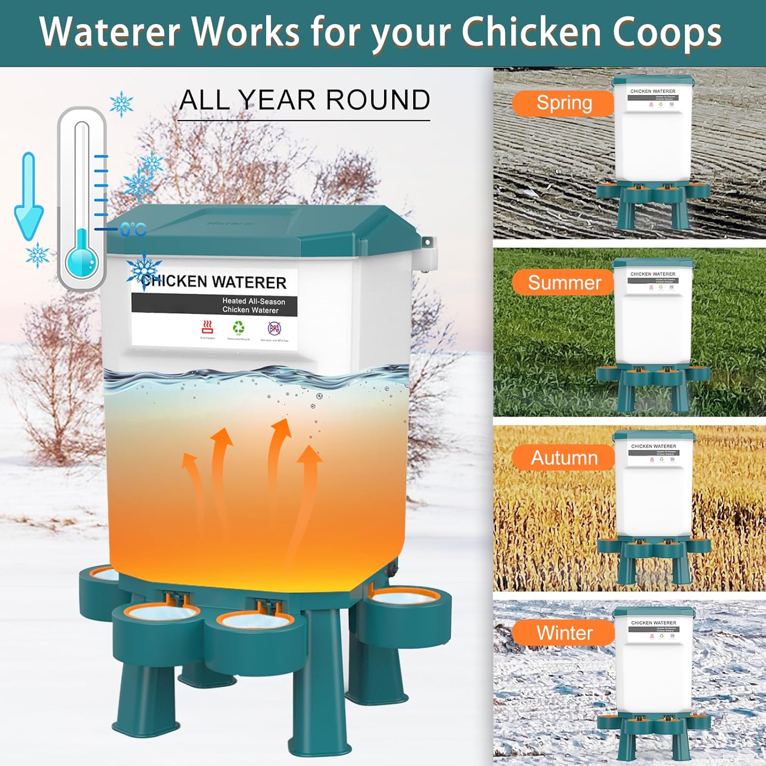 Hanging Heated Chicken Waterer, 3 Gallon Plastic Chicken Water Heater Heated Poultry Drinker, Detachable Legs, Winter and Summer Dual-use, Poultry Water Heater for Chicken Goose Duck - Dark Blue