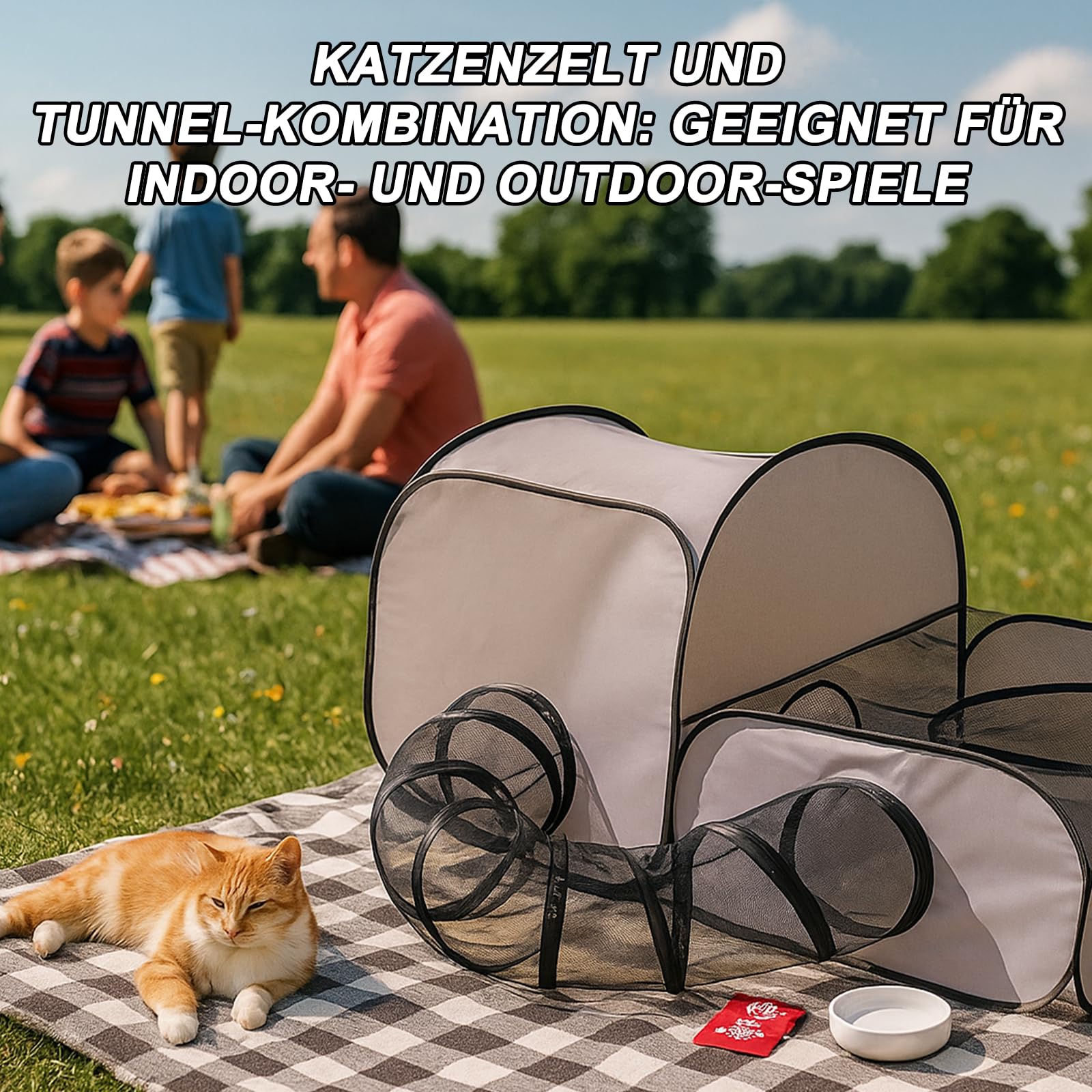 Faltbarer Katzenlaufstall mit Tunnel - Tragbares katzenzelt, katzenzelt und Katzen gehege Outdoor, katzengehege Indoor, Multifunktionaler Outdoor-Laufstall mit atmungsaktivem Netz (100 * 50 * 70 cm)
