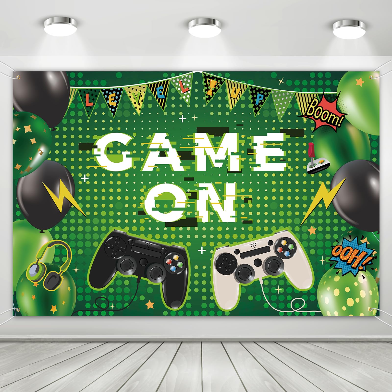 Green Level Up Game On Backdrop,Video Game Party Decoration,Video Gaming Photo Banner Backdrop Background,Video Games Handle Gamepad Theme Decor for