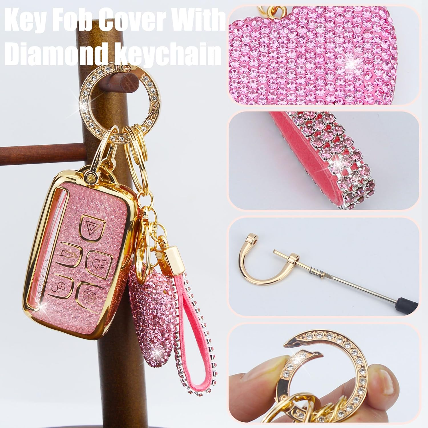 Key Fob Cover with Keychain Fit for Land Rover Car Key Holder Compatible with Range Rover Evoque Sport Velar Land Rover Discovery Jaguar F-Pace F-Type XE XEL XF XFL XJ, 5 Buttons (Pink) - Image 3