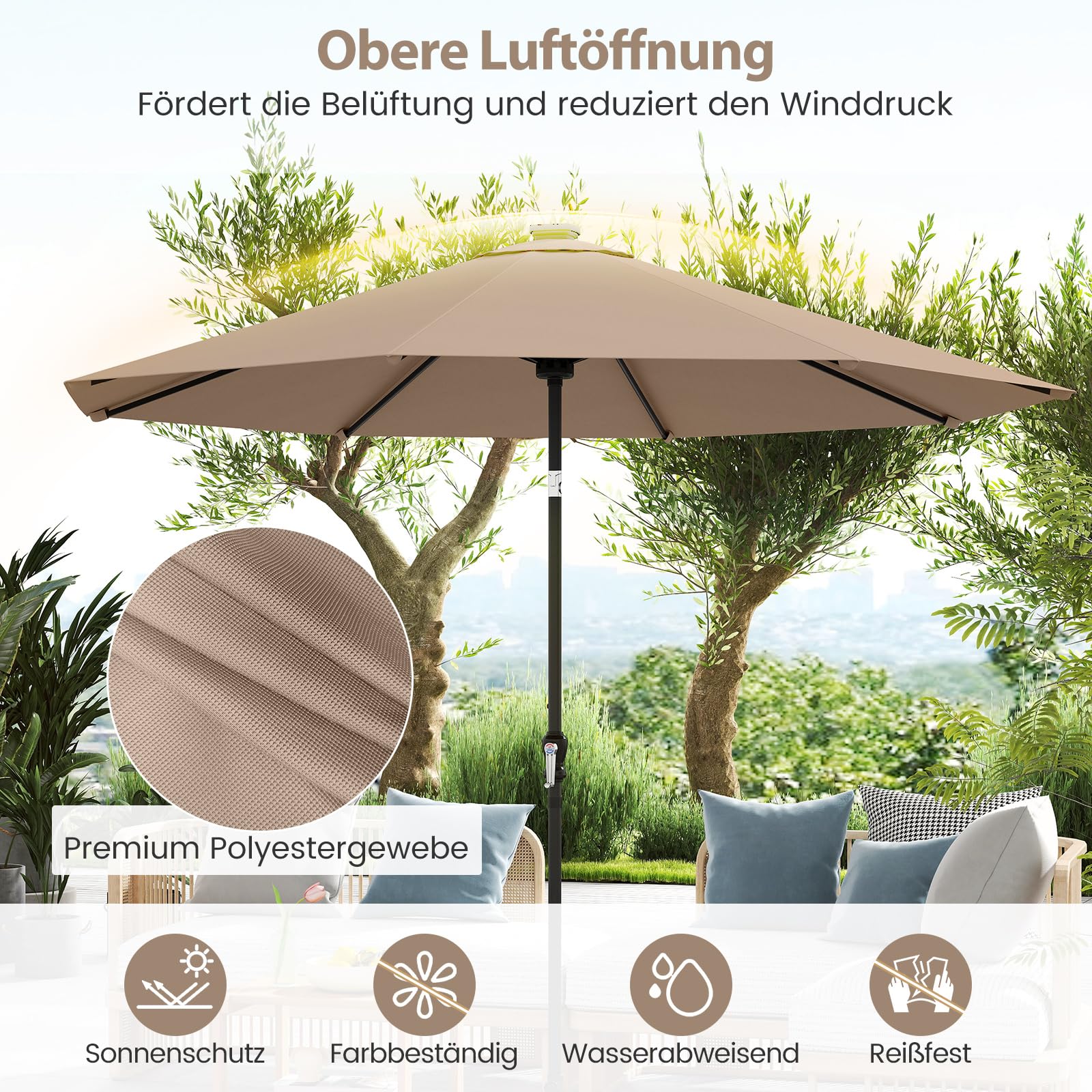 COSTWAY Parasol przeciwsłoneczny 300 cm z oświetleniem solarnym LED, 9 trybów oświetlenia, parasol ogrodowy z korbą, obustronnie zginany o 35°, parasol tarasowy, do ogrodu, na balkon, taras