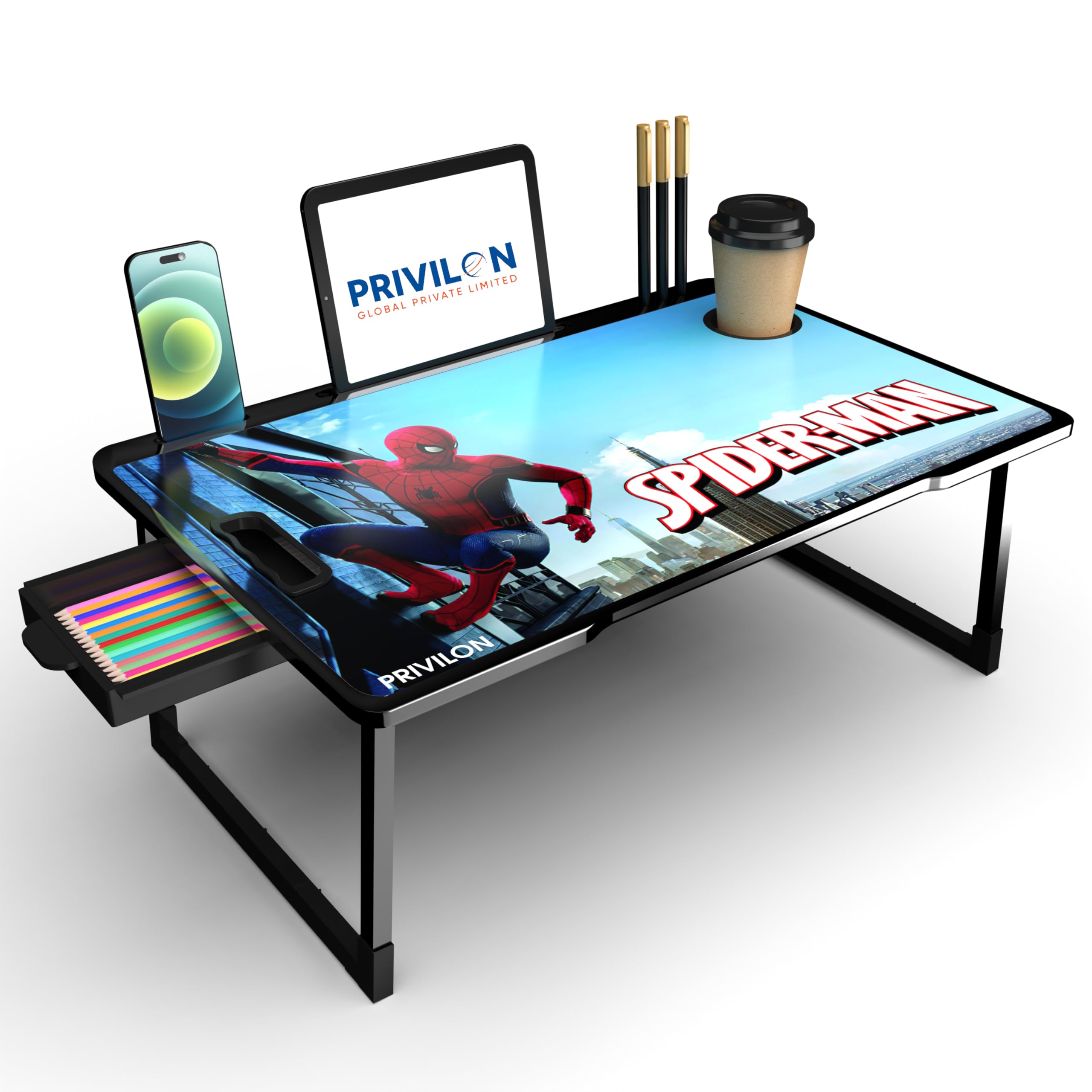 PRIVILON Global Private Limited Foldable Wooden Mini Laptop Table for Bed, Study Table with Drawer, Tablet/Mobile Holder for Kids & Adults->> (Spider Men COTTED)