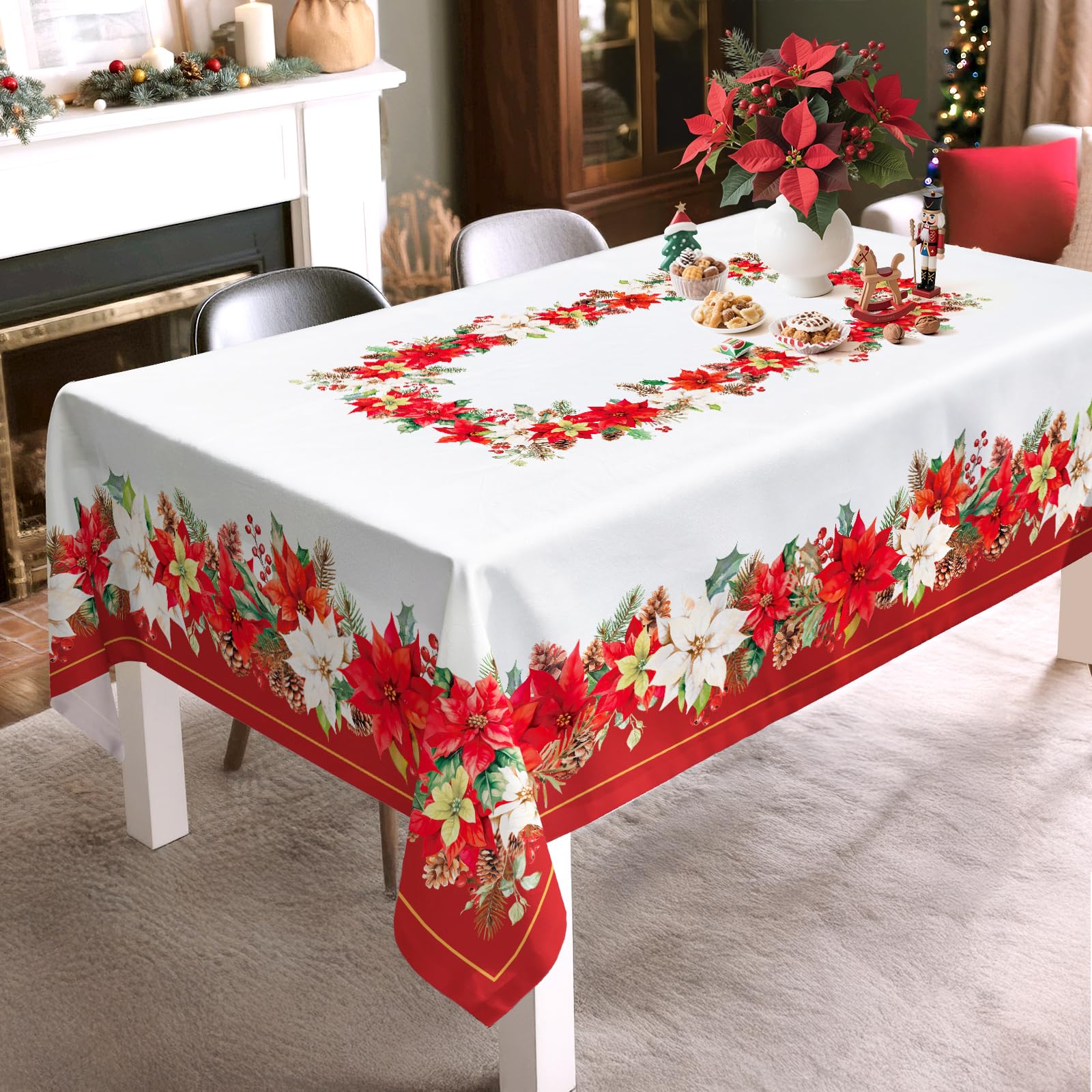 Nappe Florale De NoëL, Nappe Rectangulaire à Fleurs De NoëL, Housse De Table en Antitache Imperméable Lavable pour FêTe De NoëL, Vacances, DéCoration D'IntéRieur (Rouge, 152x264cm)