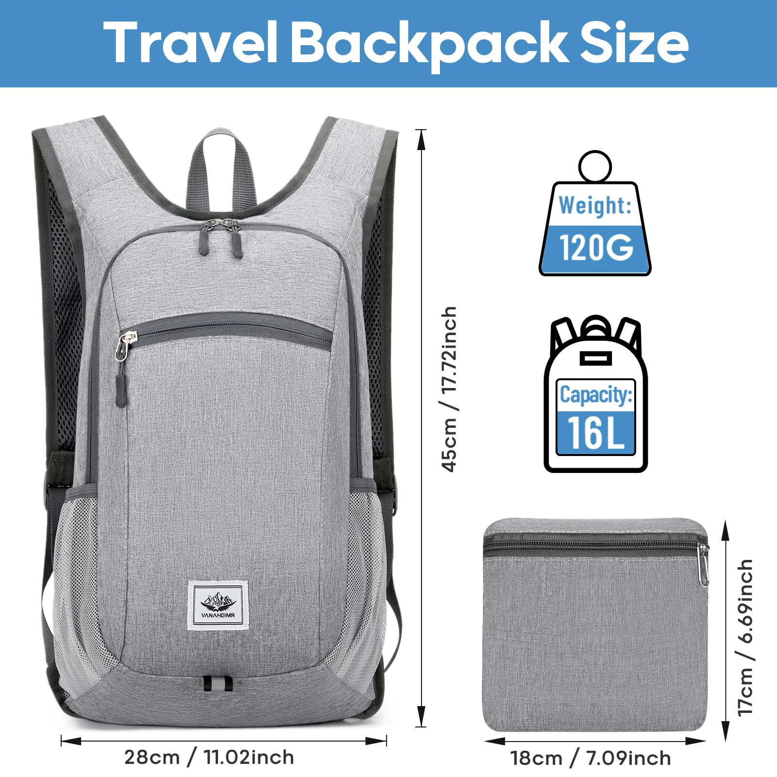 Zusentee Zaino Pieghevole Ultraleggero 16L Zaino Trekking Donna Impermeabile Uomo per Trekking Viaggio Brevi Escursioni Ciclismo Uomo