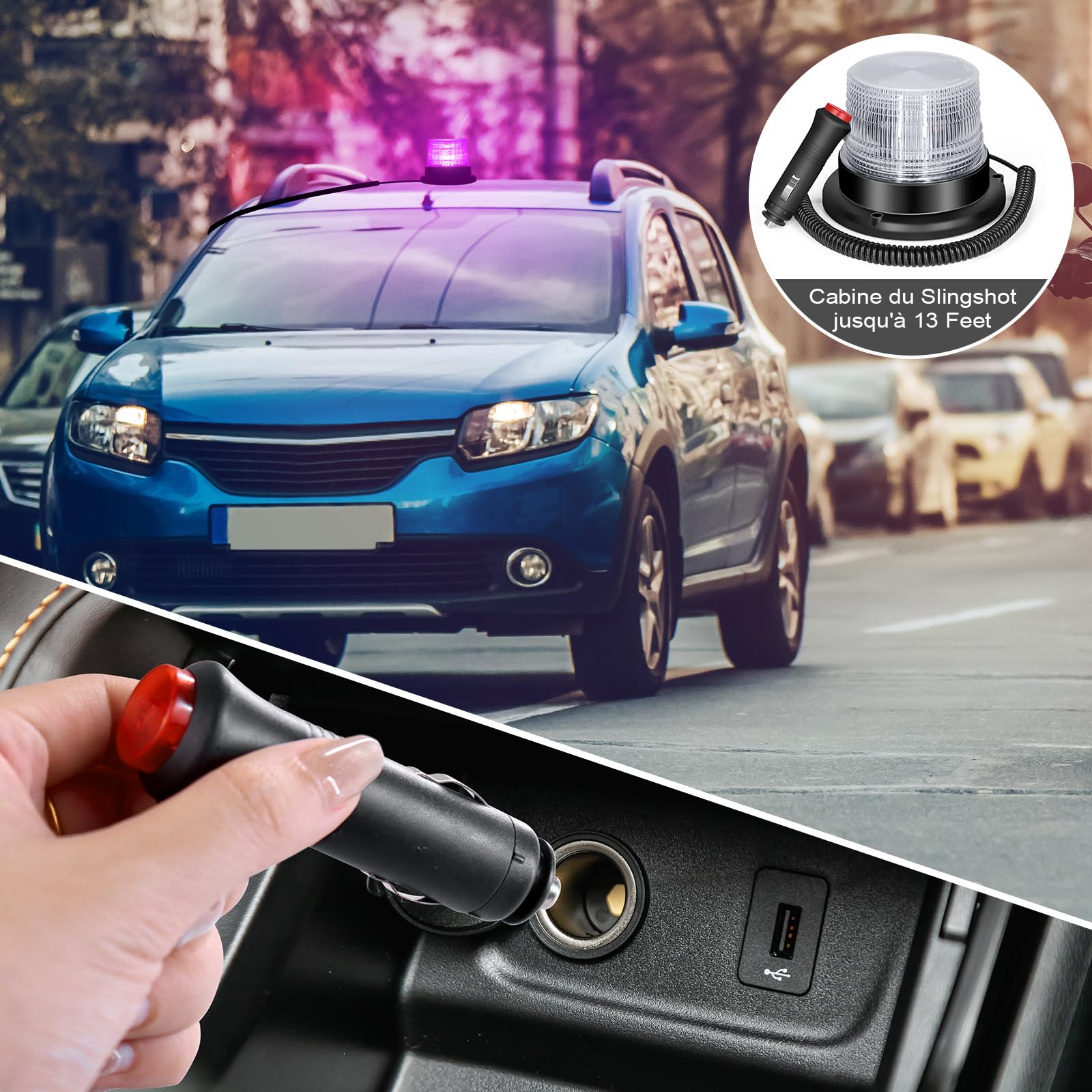 Gyrophare LED Solaire 9 Modes – Aimant Puissant – Pour Toit Voiture, Camion, Tracteur – USB + Allume-cigare