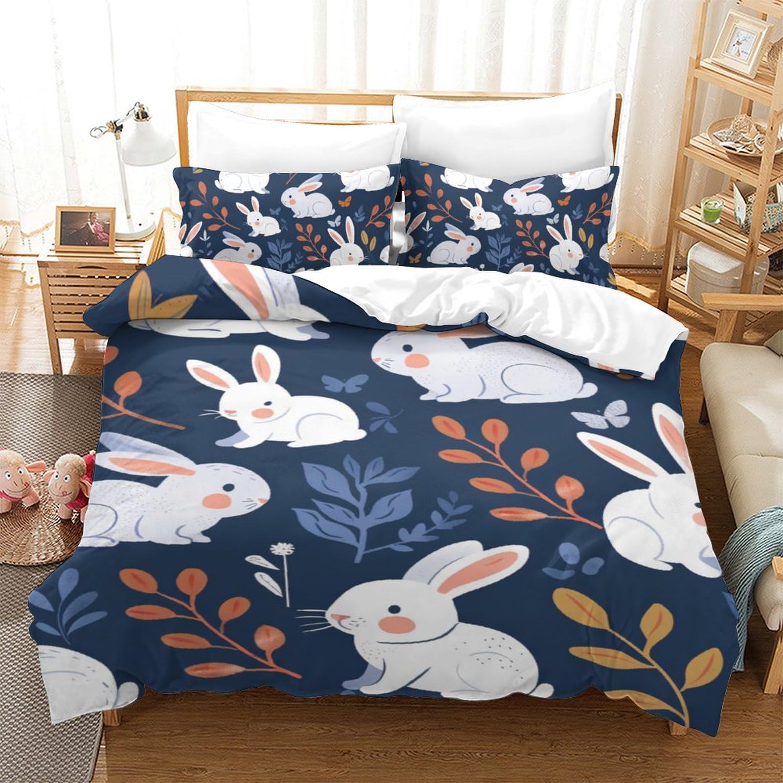 Housse de couette lapin 3 pièces lit enfant 140x200cm avec fermeture éclair
