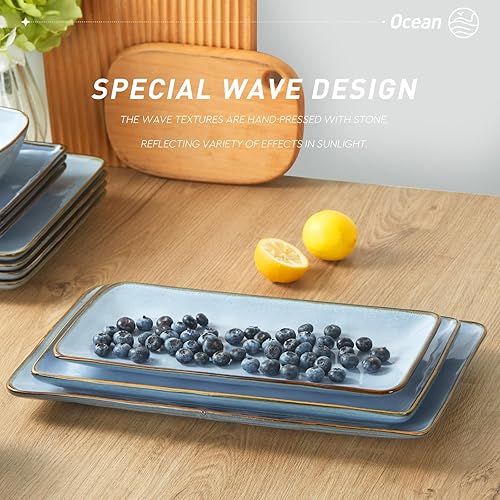 Miniatura 5 de famiware Ocean Square - Juego de platos y cuencos de 15 piezas para 4, 3 platos rectangulares para servir, color azul