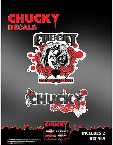 Chucky - Juego de 2 calcomanías de vinilo para el auto, vaso, botella de agua, laptop, Halloween, terror, coche, calcomanías de miedo para cara de