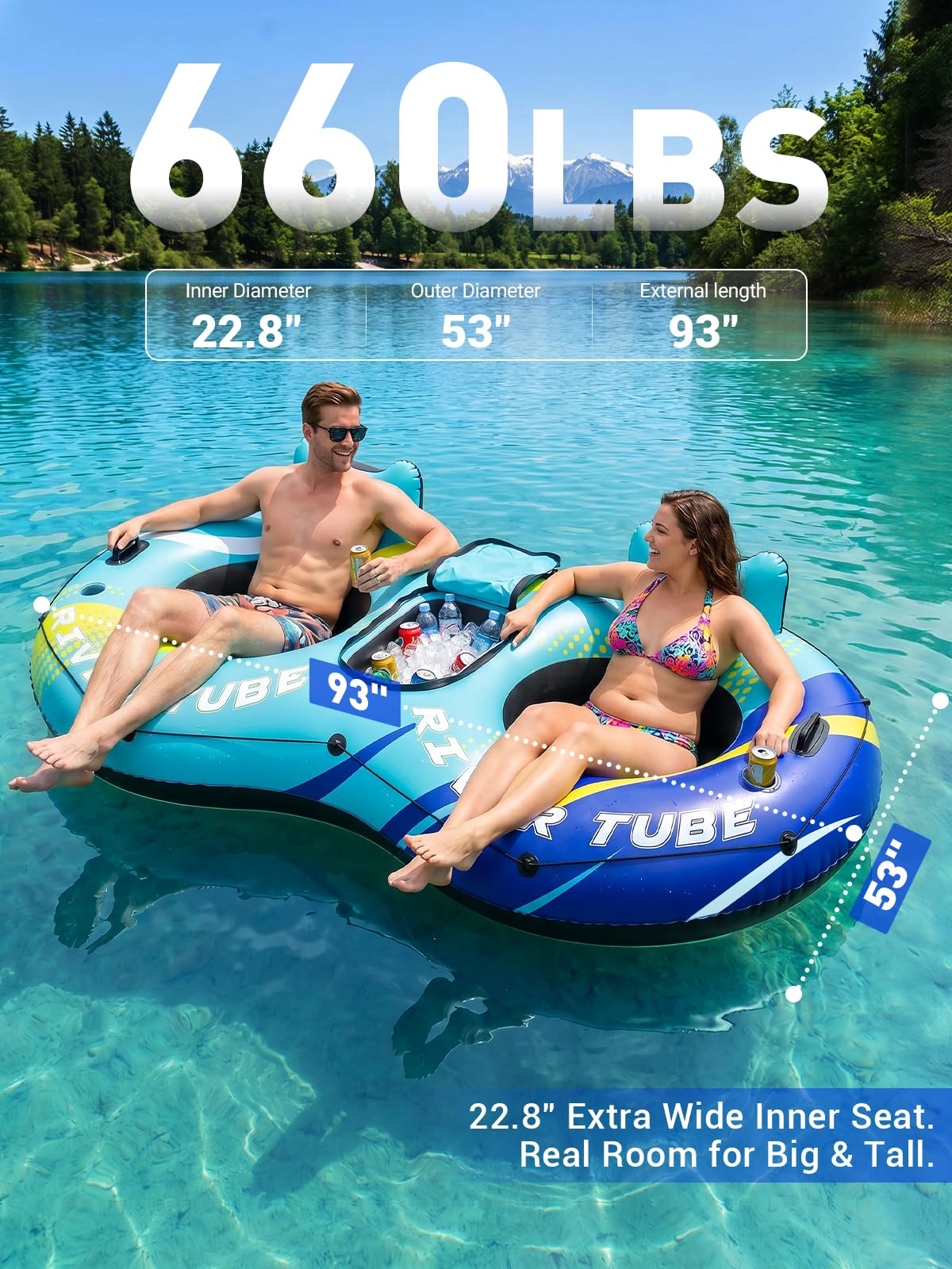 Aufblasbarer Flussreifen, robuster Schwimmreifen mit Kühlbox und Getränkehaltern für Fluss, Pool, See und Strand, ergonomische Rückenlehne, strapazierfähige Grif