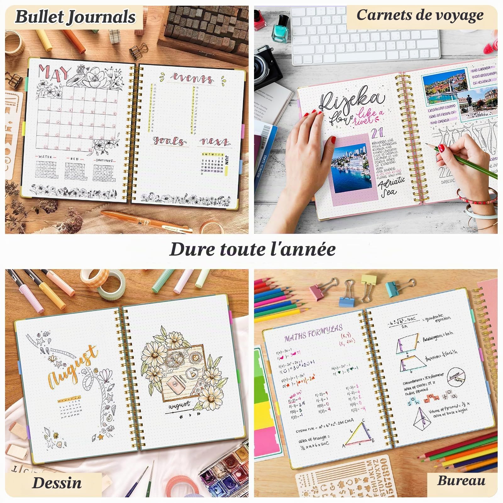Carnet de notes à points et grille à spirale, 300 pages, carnets en cuir avec contenu, papier épais de 120 g/m² sans débordement, carnets A4 à grands points pour femmes et hommes, 21,6 cm x 28 cm