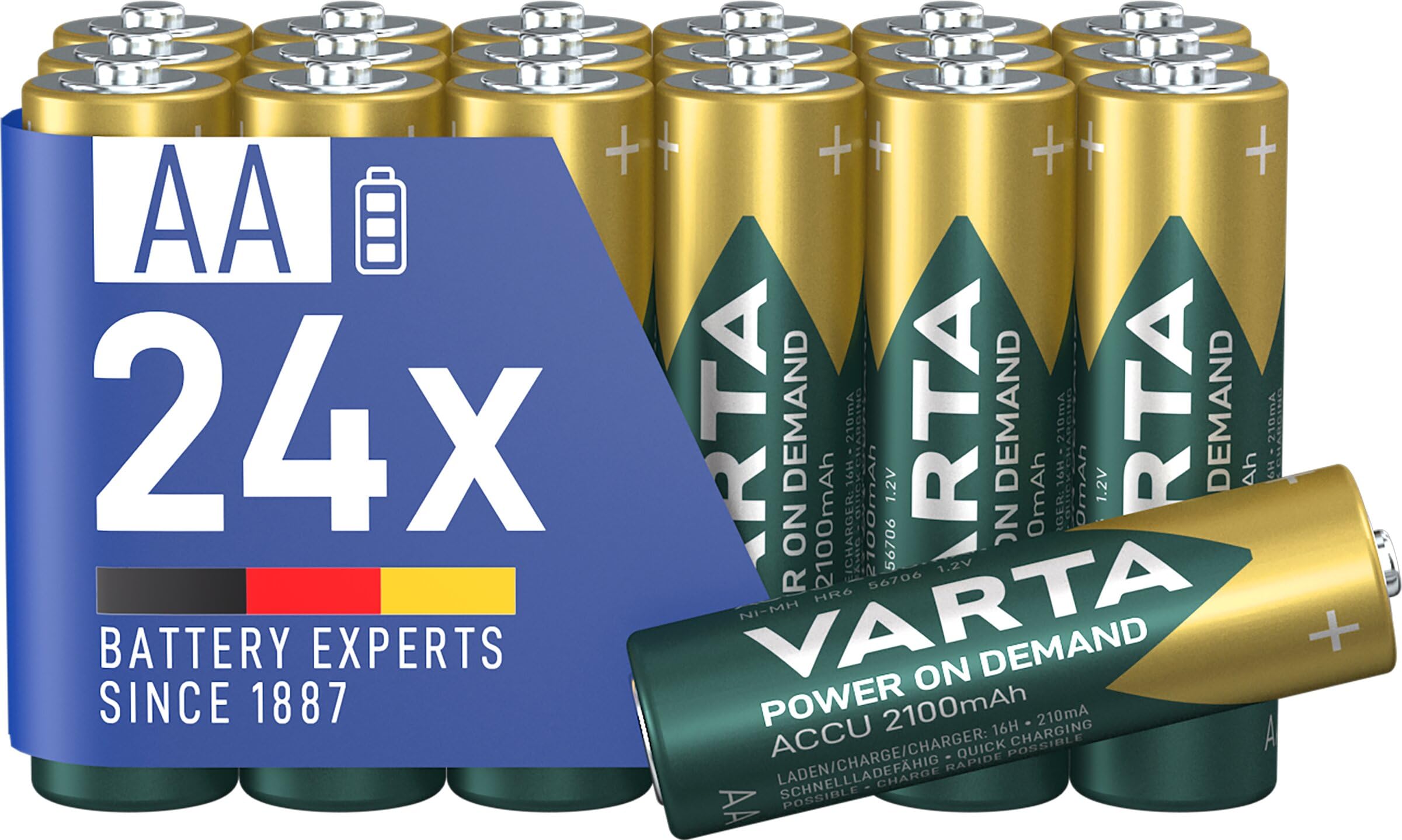 VARTA Power on Demand Ready2Use Pre-Charged AA Mignon (2100 mAh Ni-Mh Battery, Rechargeable without Memory Effect, Ready to Use) Pack of 24
