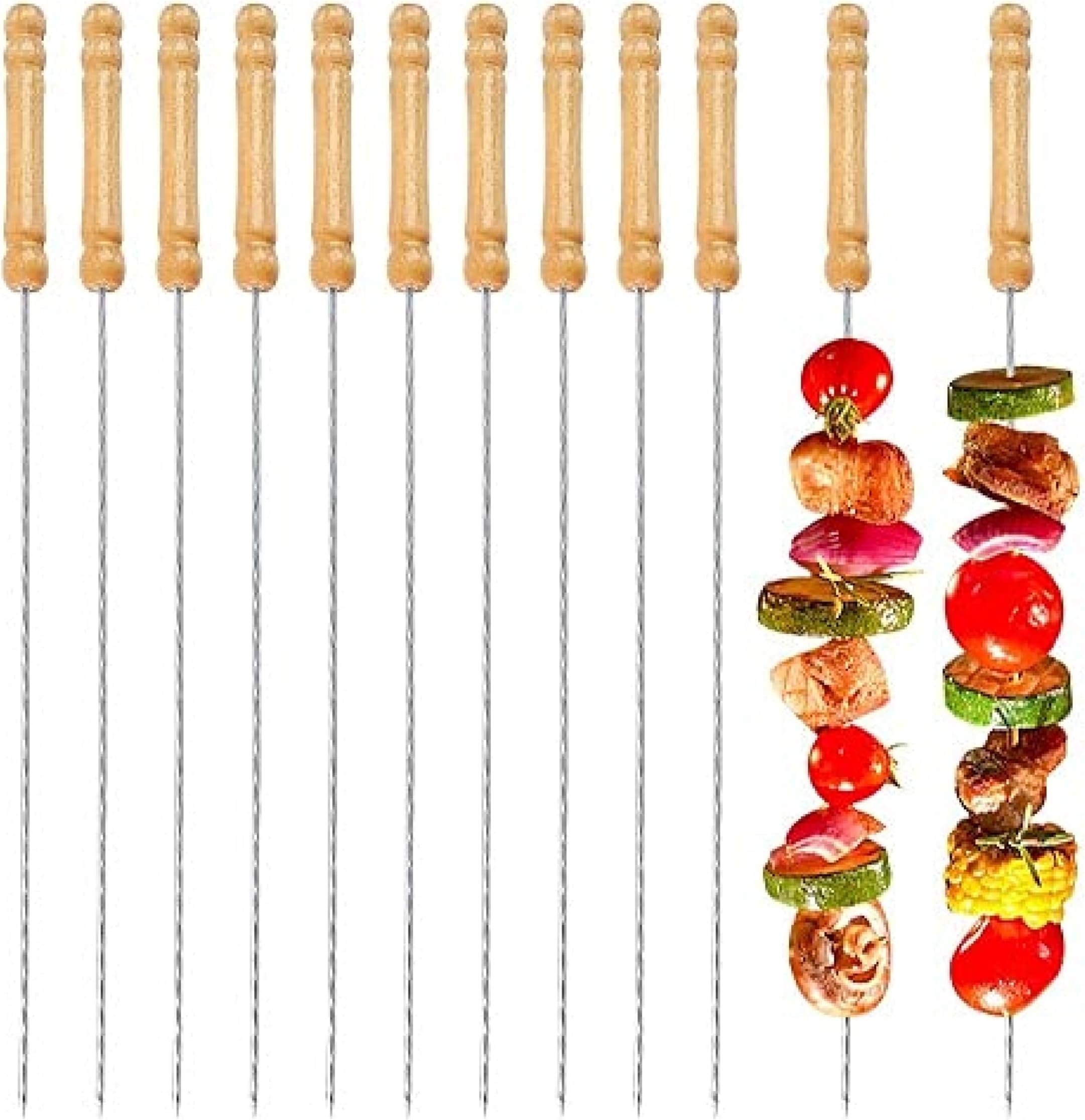 Skewer Sticks for Barbecue Grilled Foods- 22 CM Long Steel Rods with Wooden Handle for Easy Making Chicken Tandoor, Paneer Tikkas, Seekh Kabab Etc.- 12 Pc of Set Silver