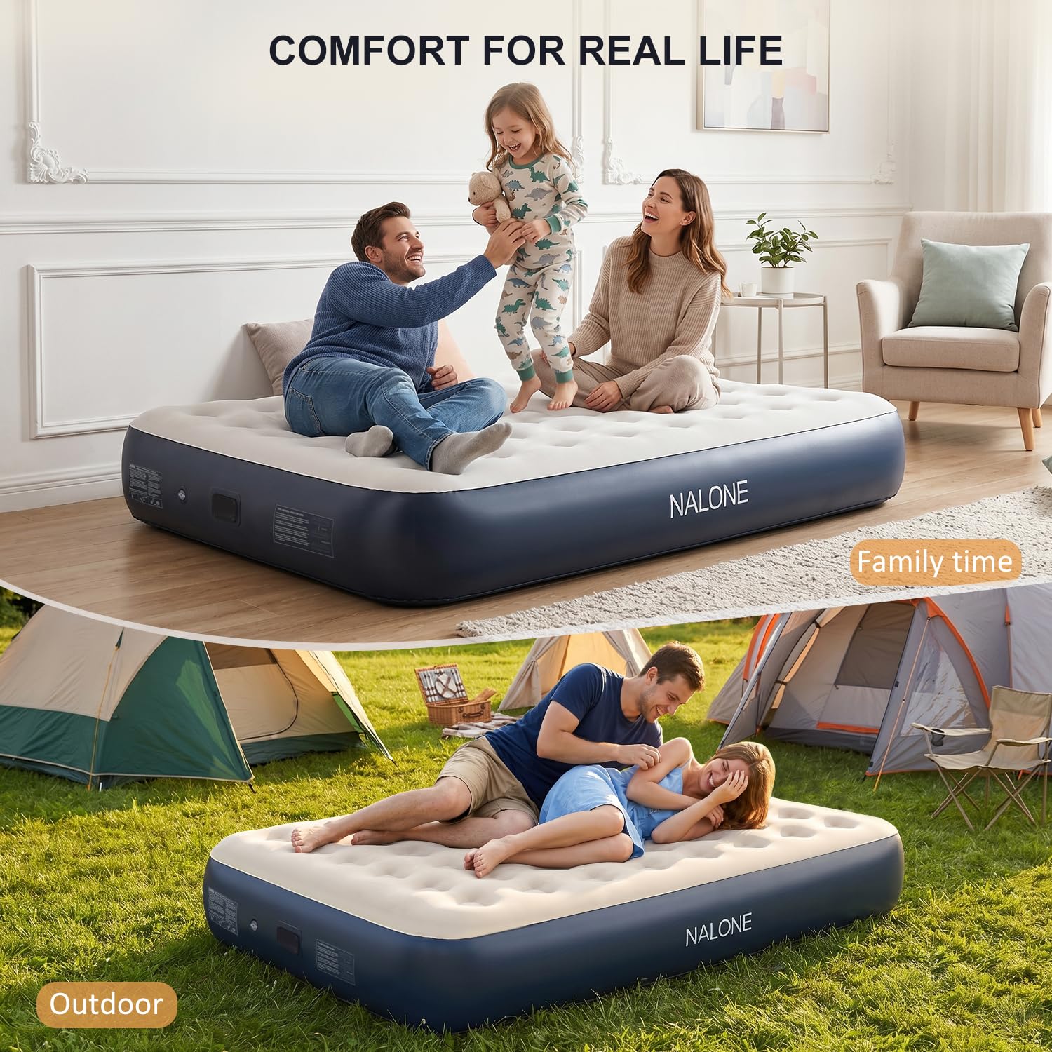 NALONE Materasso Gonfiabile Matrimoniale Con Pompa Integrata 191x137x33cm, Letto Gonfiabile Matrimoniale Autogonfiante, Materasso Per Campeggio e Letto Ospiti