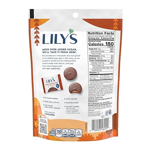 Miniatura 2 de LILY'S Tazas de mantequilla de maní estilo chocolate con leche sin azúcar añadido, bolsas de dulces, 3.2 onzas (12 unidades)