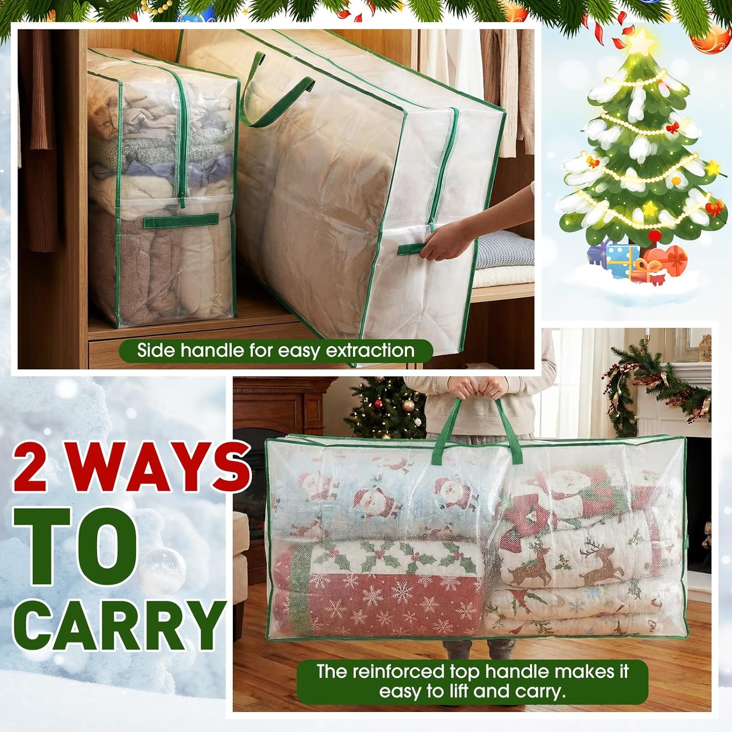 4 Pack Extra Large Moving Bags Heavy Duty, 126 Gallon Clear Storage Bags with Reinforced Handles & Zipper, Waterproof Storage for Moving Clothes Bedding Christmas Seasonal Decorations (Green)