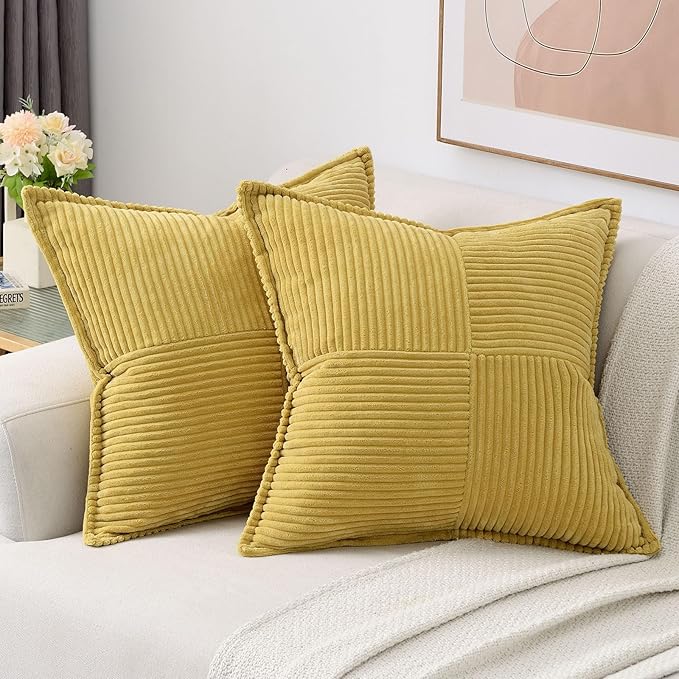HAUSSY Mustard Yellow Throw Pillow Covers 20x20 Inch Set of 2,Soft Solid Corduroy