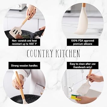 Country KitchenSilicone Cooking Utensils, 14 Pc Kitchen Utensil Set, Easy to Clean Wooden Kitchen Utensils, Cooking Utensils for Nonstick Cookware, Kitchen Gadgets and Spatula Set