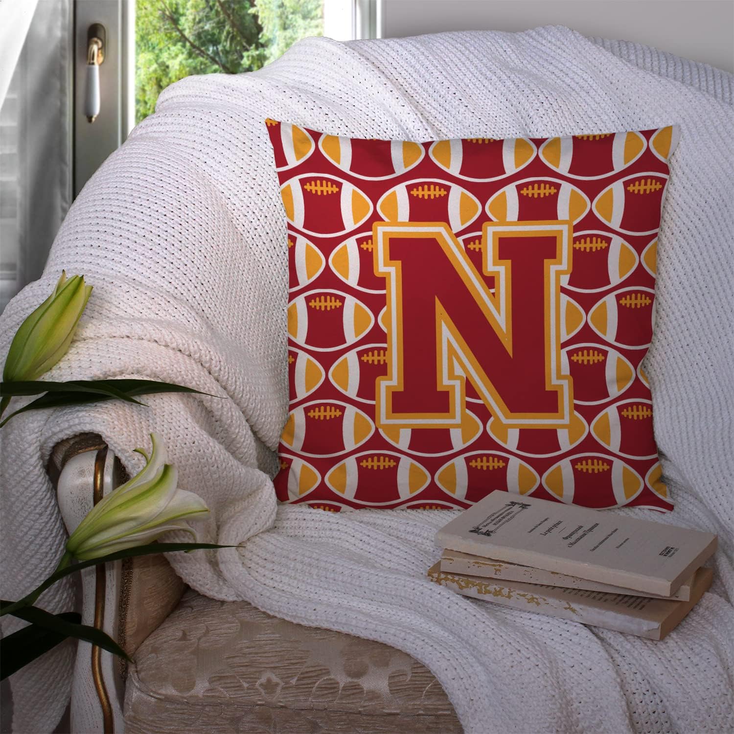 Caroline's Treasures CJ1070-NPW1414 Letter N Football Cardinal and Gold Fabric Decorative Pillow 100% Machine Washable Pillow, Indoor or Outdoor Decorative Throw Pillow for Couch, Bed or Patio