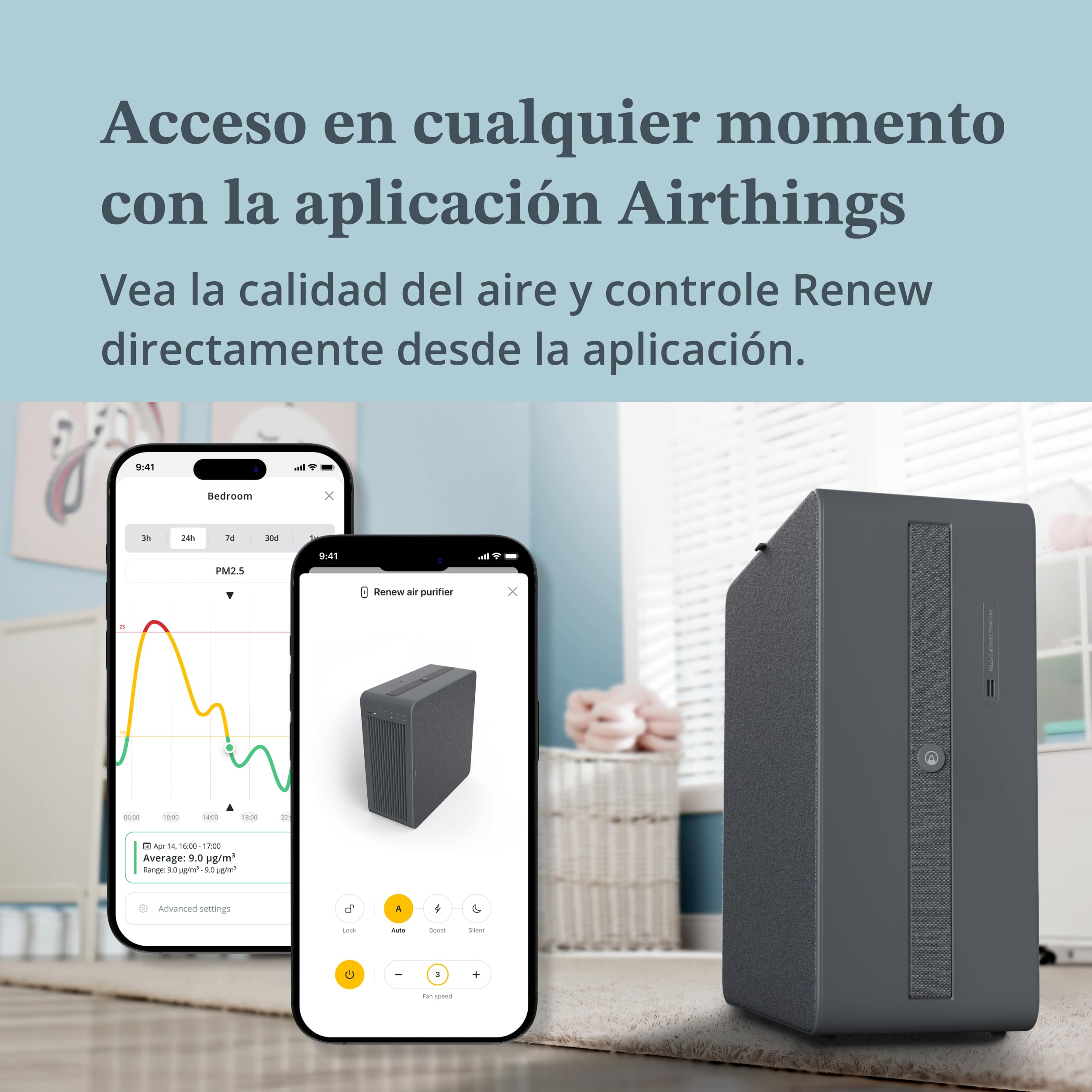 Airthings Renew - Purificador de aire inteligente, modos Silent (23 db), para dormitorios (hasta 49 m2), con filtros HEPA-13 y de carbón, atrapa el 99,97% de las partículas, para alergias