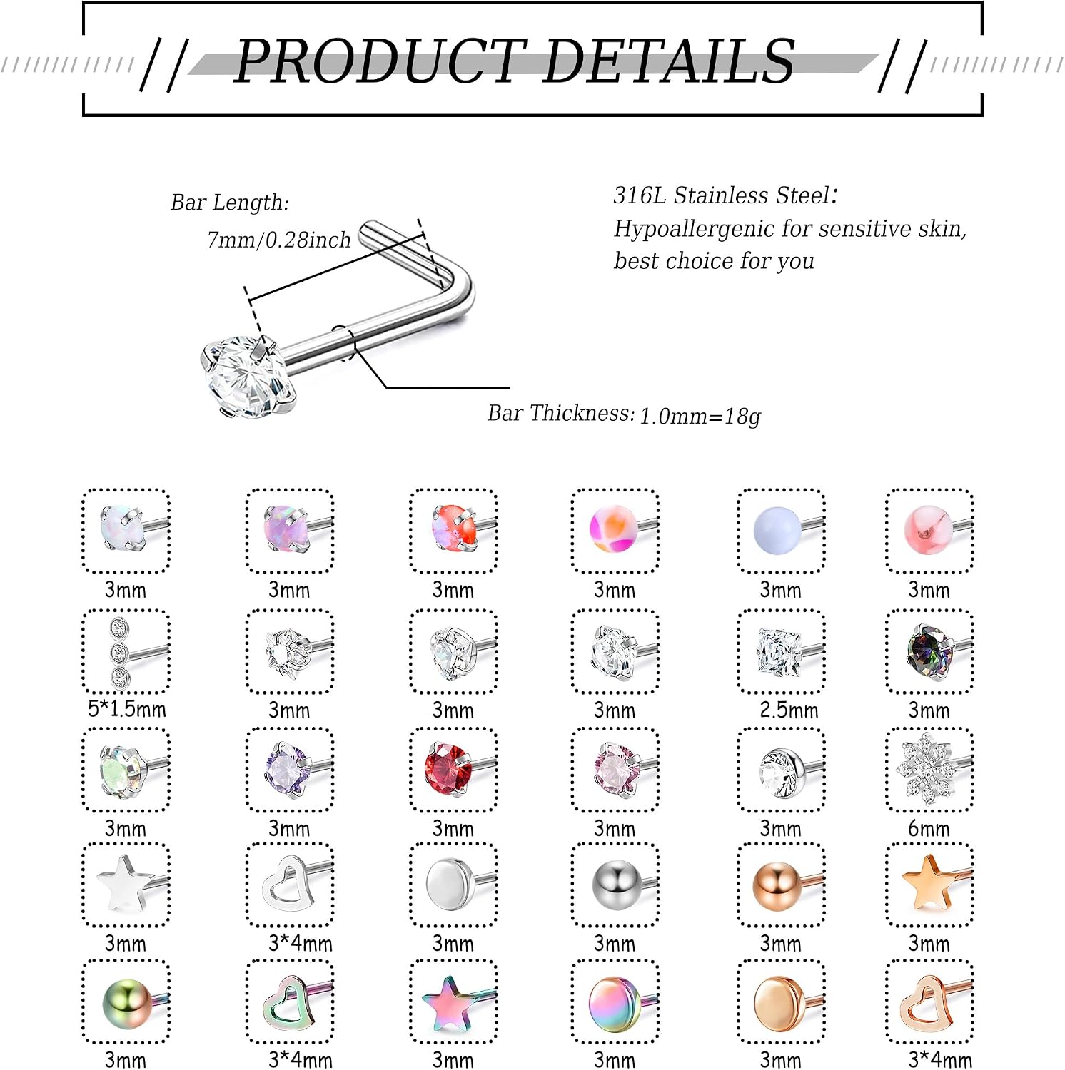 MILACOLATO 30Pcs Surgical Stainless Steel Nose Rings Studs for Women Men image 2