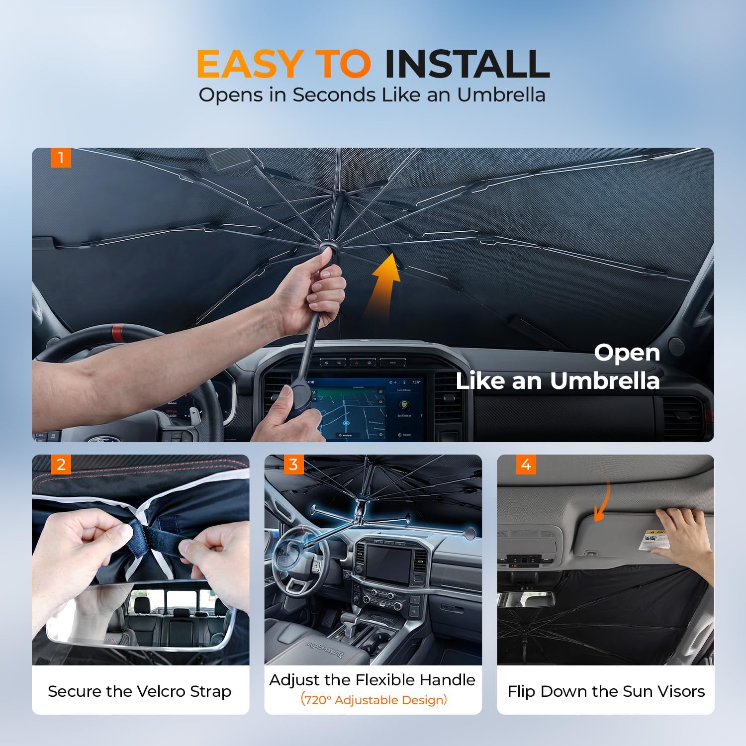 [2026 Upgraed] DooGooCoo Windshield Sun Shade Umbrella for Toyota Tacoma [100% Sunlight Blocked, Ice Crystal Cool] Sunshade for Car Windshield for Tacoma Sun Shade 2016-2026, Custom Fit for Tacoma.