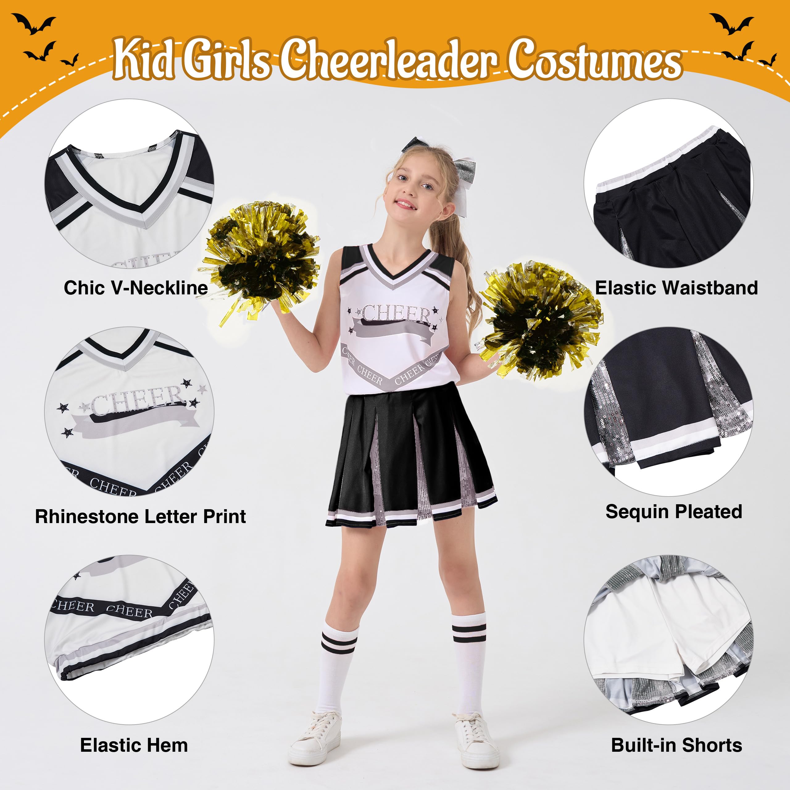 LOLANTA Girls Zombie Cheerleader Costume Kids Black Cheerleading Outfit with Pompoms Socks - Image 3