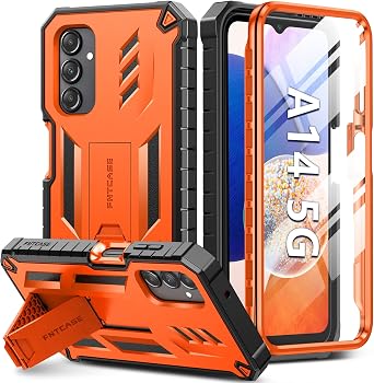 FNTCASE for Samsung Galaxy A14-5G Case Dual-Layer Protective Textured Shockproof Rugged TPU Cover with Kickstand | Military Grade Drop Protection | Heavy Duty Cell Phone Protector - Orange