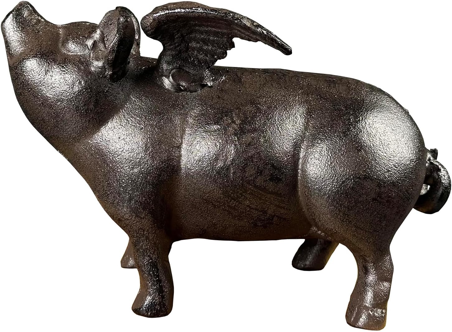 Rust Brown Cast Iron Flying Pig Figurine (6" Tall) - Artistic Animal Sculpture for Unique Home Decor HC5405