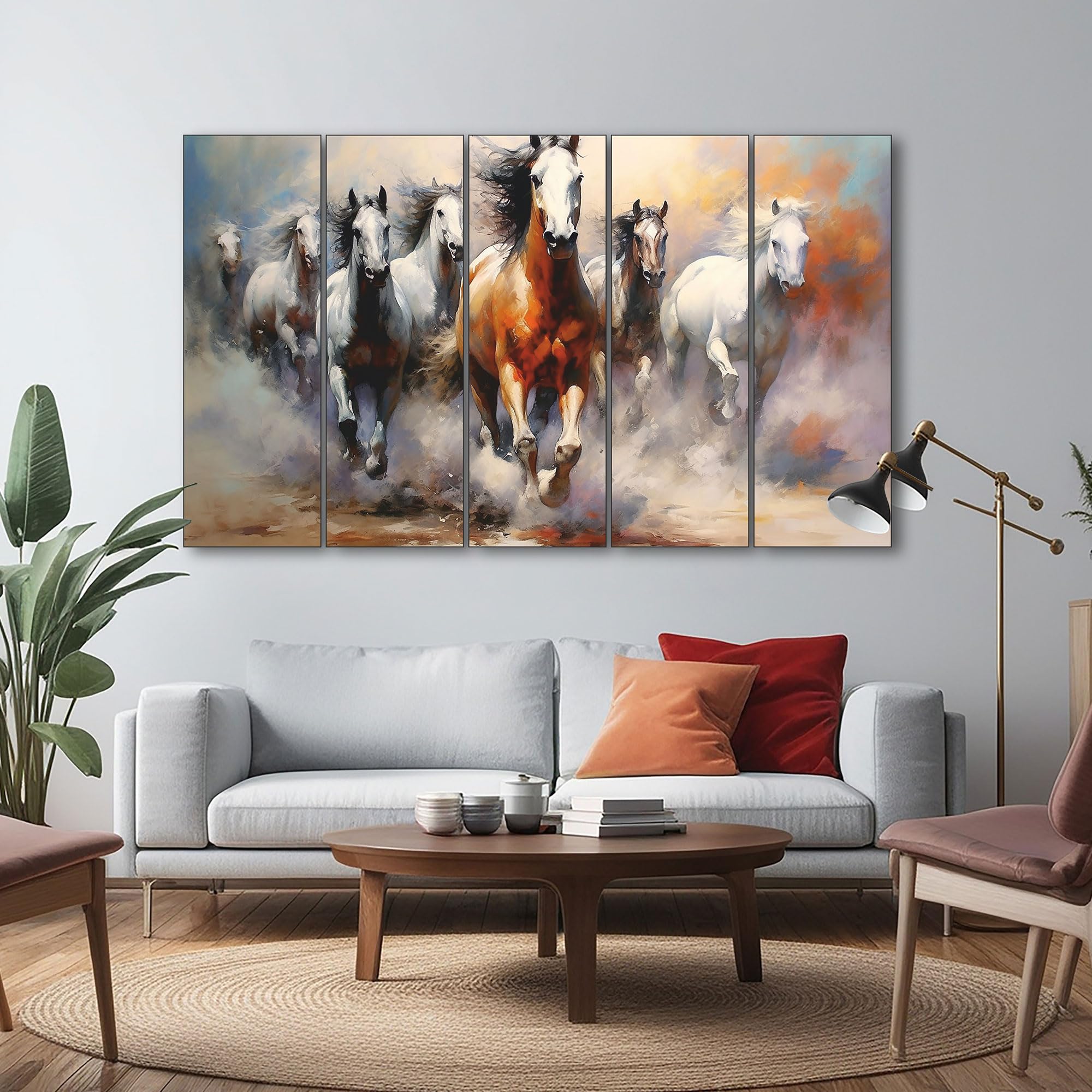 The Castle Decor 7 Horses Wall Painting for Living Room Big Size - 7 Running Horses Painting Vastu for Bedroom, Office, Hotel - Wall Decor Digital Painting Wooden Framed for Gifting (27x48 inch)