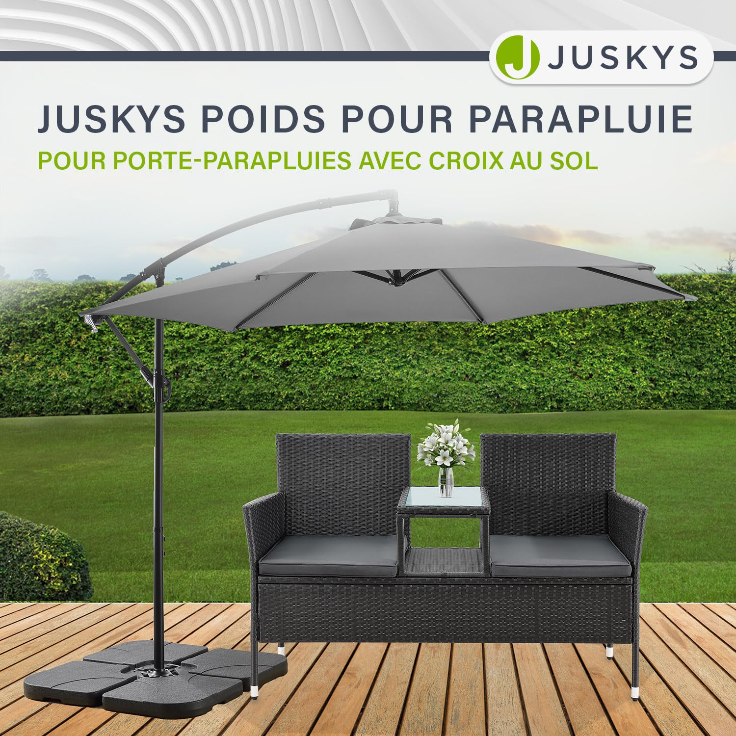 Juskys Poids de lestage pour parasol Quad, ensemble de 4 poids - pouvant être remplis avec 60 litres d'eau ou 80 kg de sable - en plastique HDPE (polyéthylène de haute densité) pied de parasol