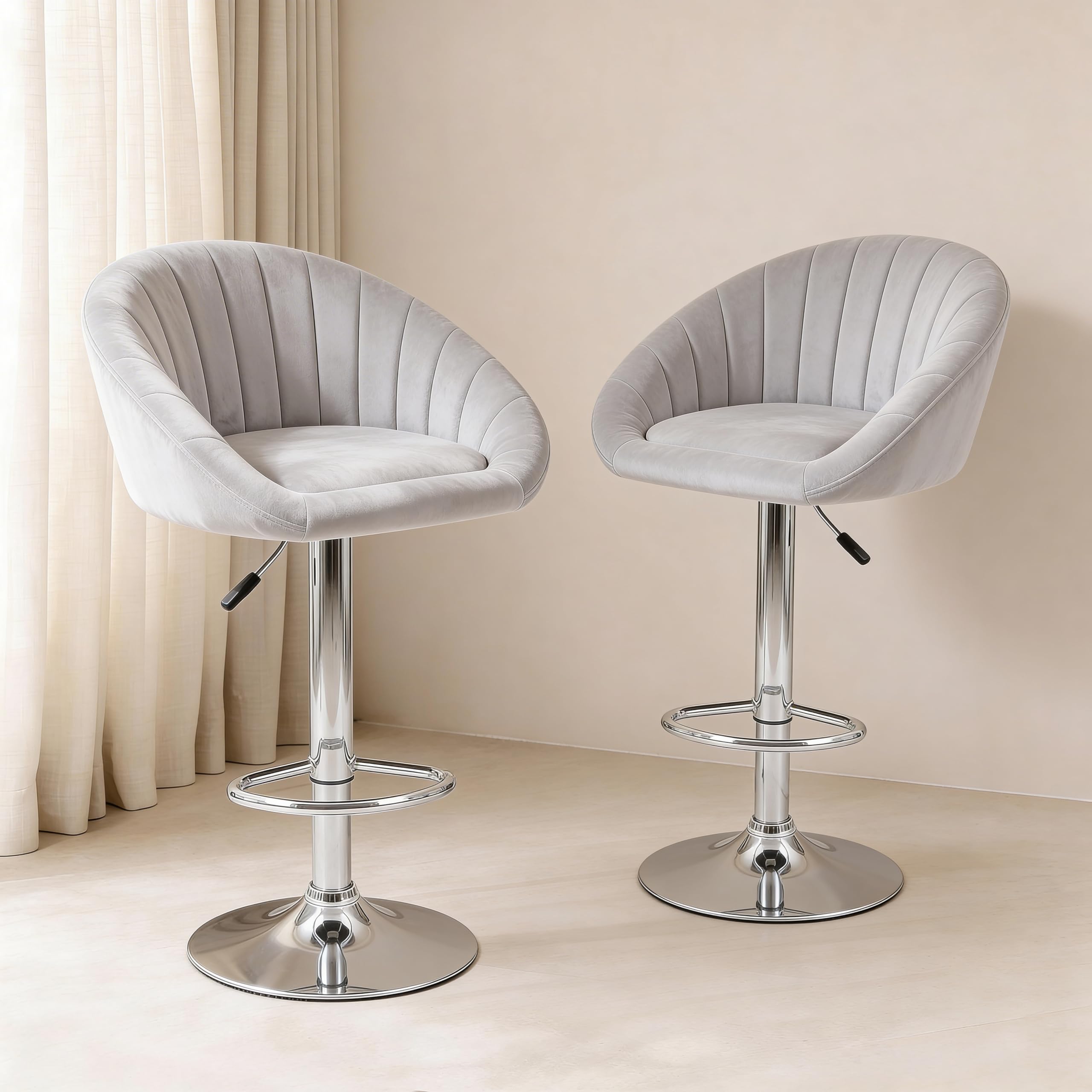 Adjustable Swivel Bar Stool Chair, Velvet Upholstered Counter Height Stool with Chrome Base, Padded Seat with Backrest & Footrest for Kitchen Island, Home Bar, Café, Office, Pub, Makeup (Grey)-image-46