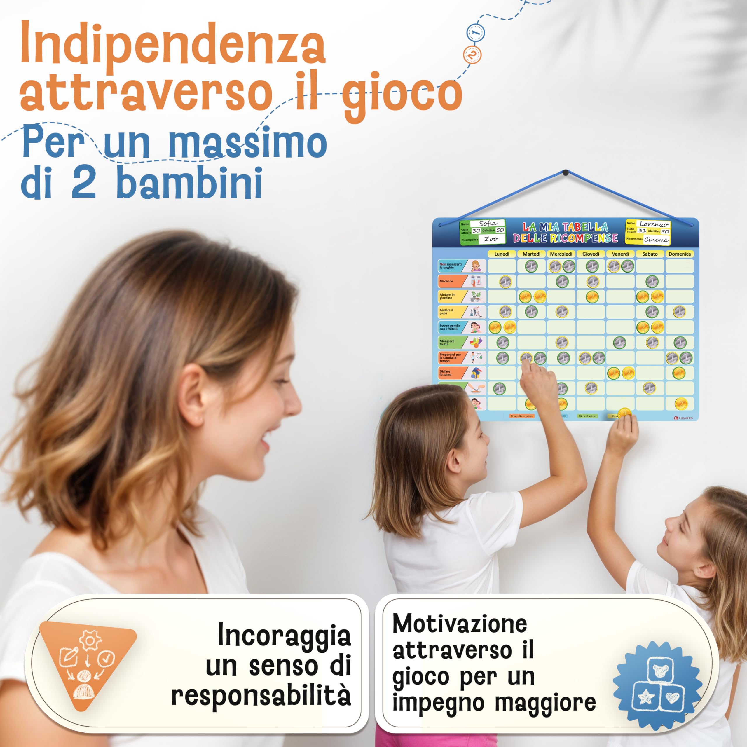 LIKARTO® Tabella delle ricompense per bambini - incl. 280 magneti - Sistema di ricompense per bambini, agenda dei compiti Montessori, indipendenza ludica, tabella magnetica, tabellone dei premi