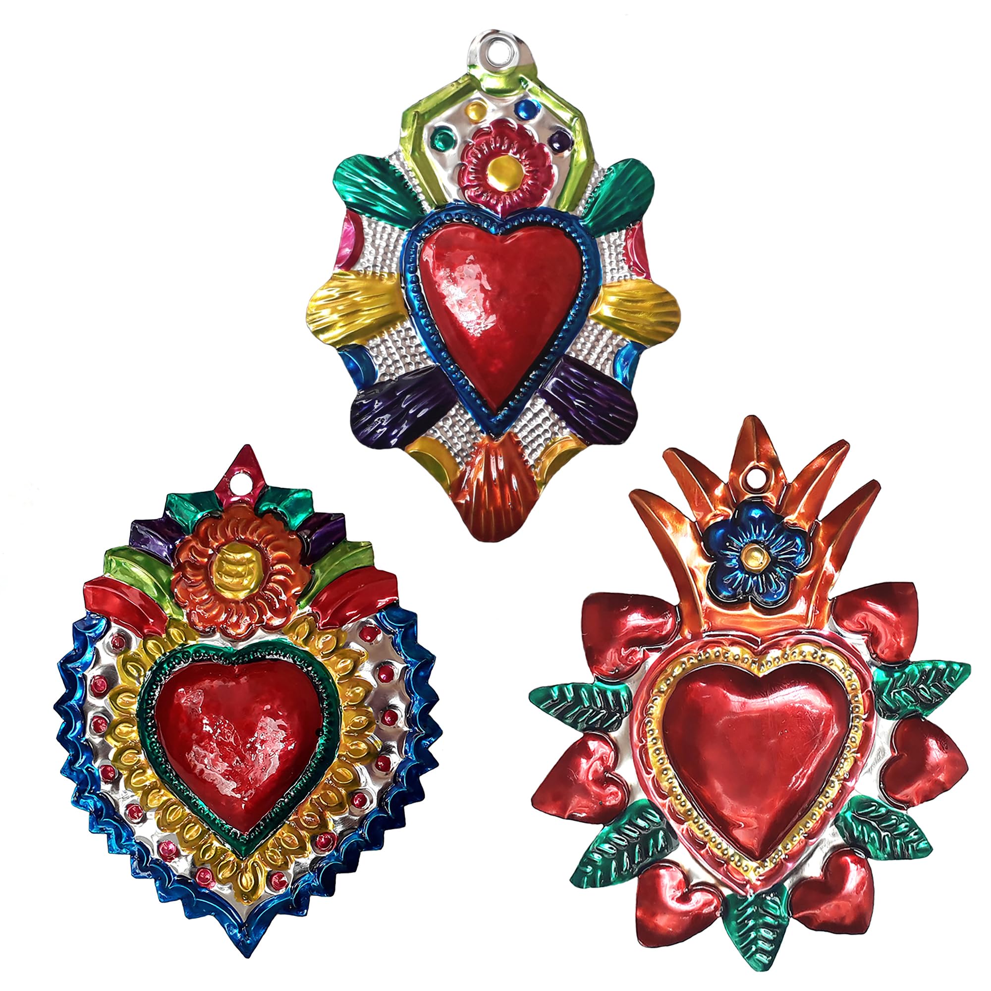 Set di 3 Cuori Color 3, in metallo, artigianato messicano, da appendere, alto cm 14,5 (cuore centrale)